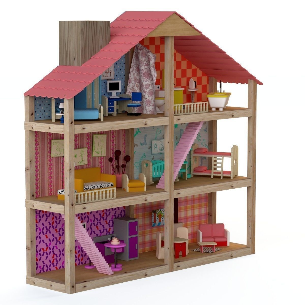 Wooden House for dolls Toy house 3D model_18