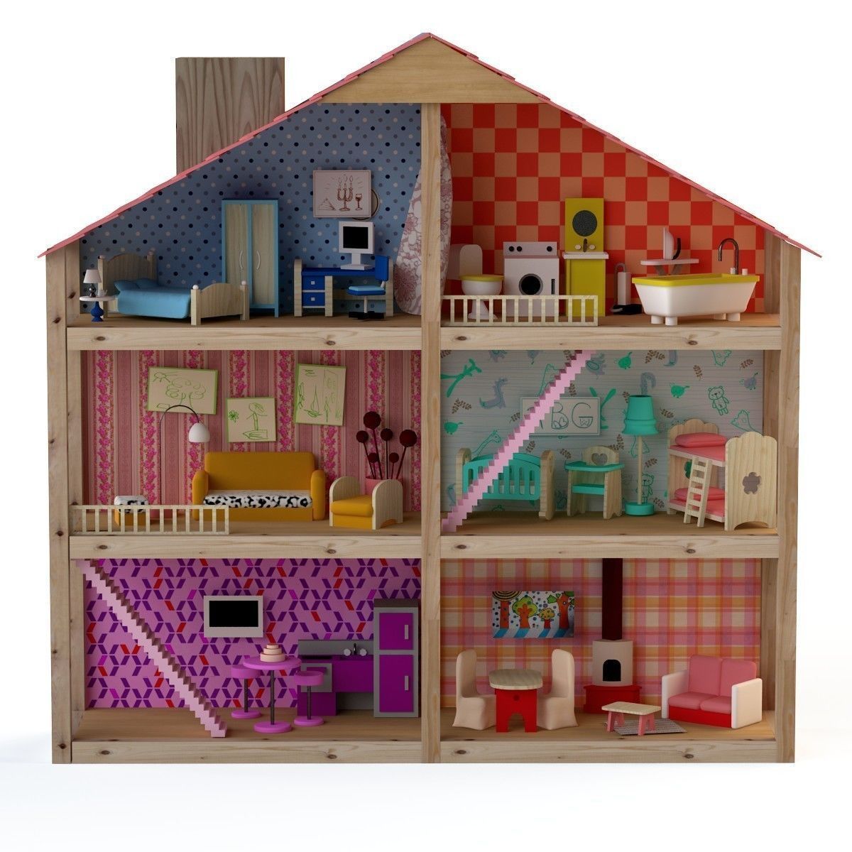 Wooden House for dolls Toy house 3D model_0