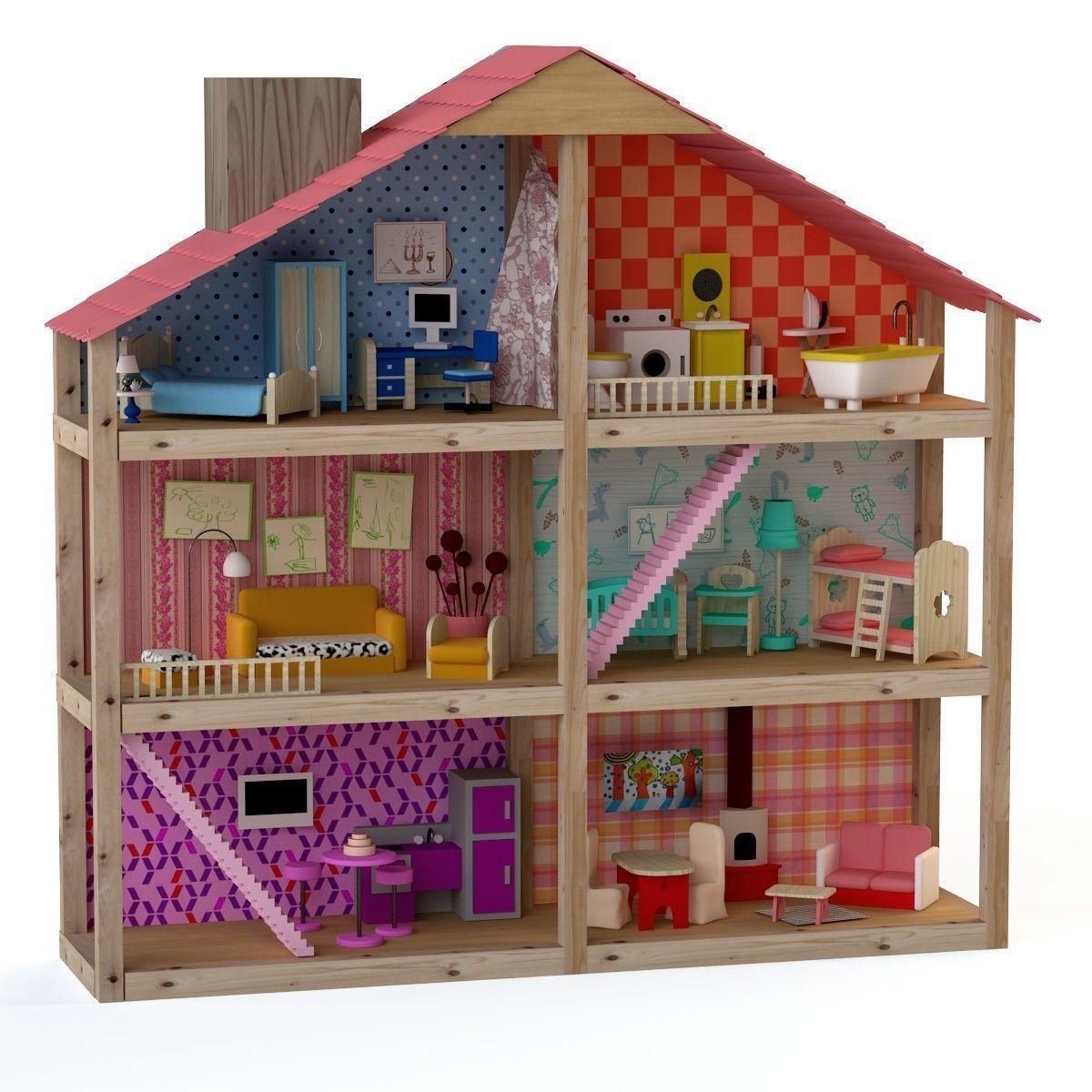 Wooden House for dolls Toy house 3D model_25