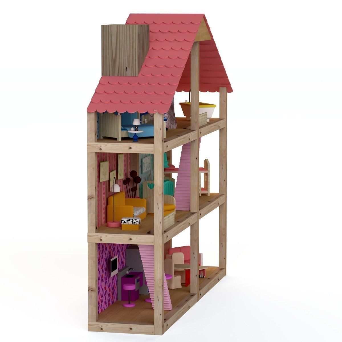 Wooden House for dolls Toy house 3D model_22