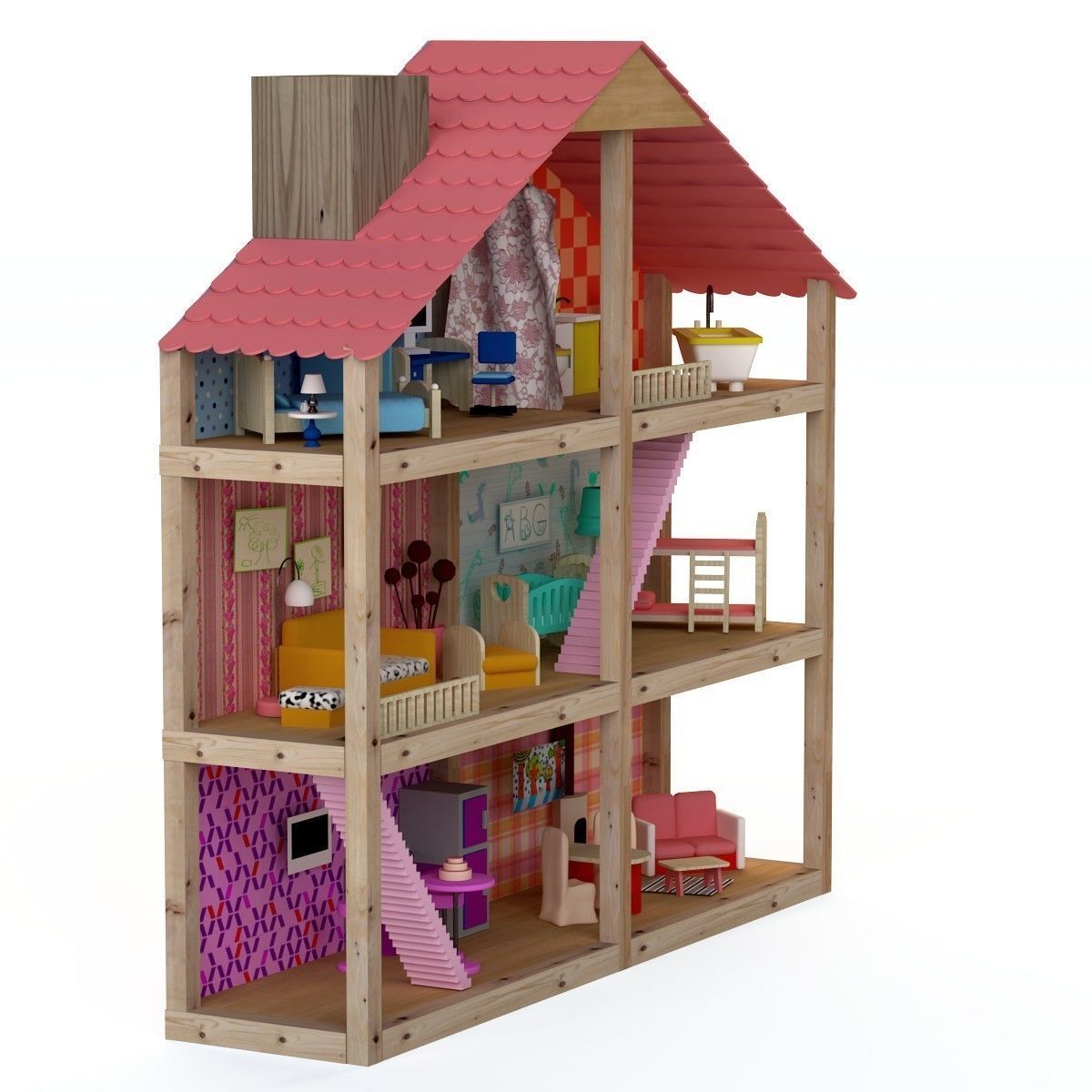 Wooden House for dolls Toy house 3D model_24