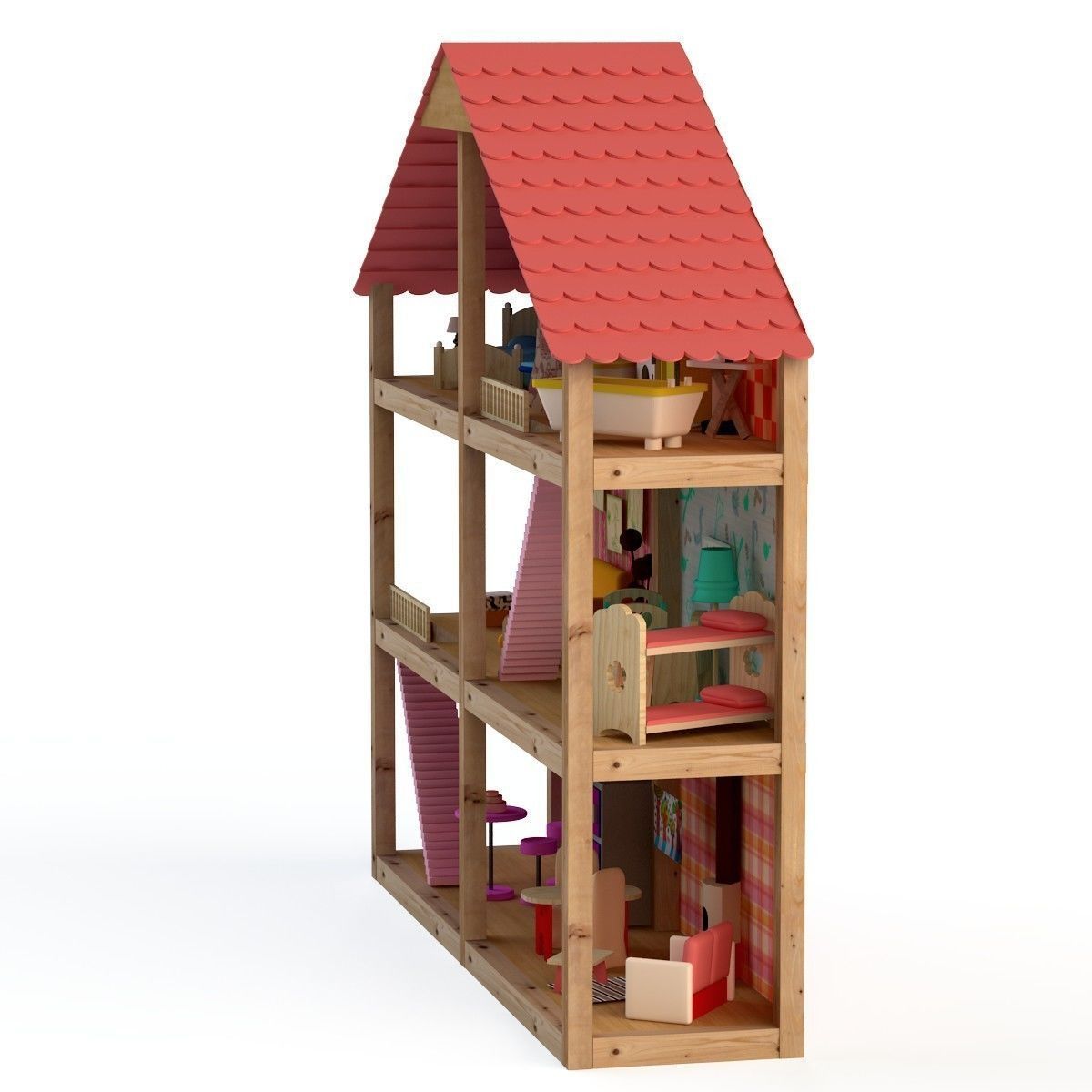 Wooden House for dolls Toy house 3D model_11