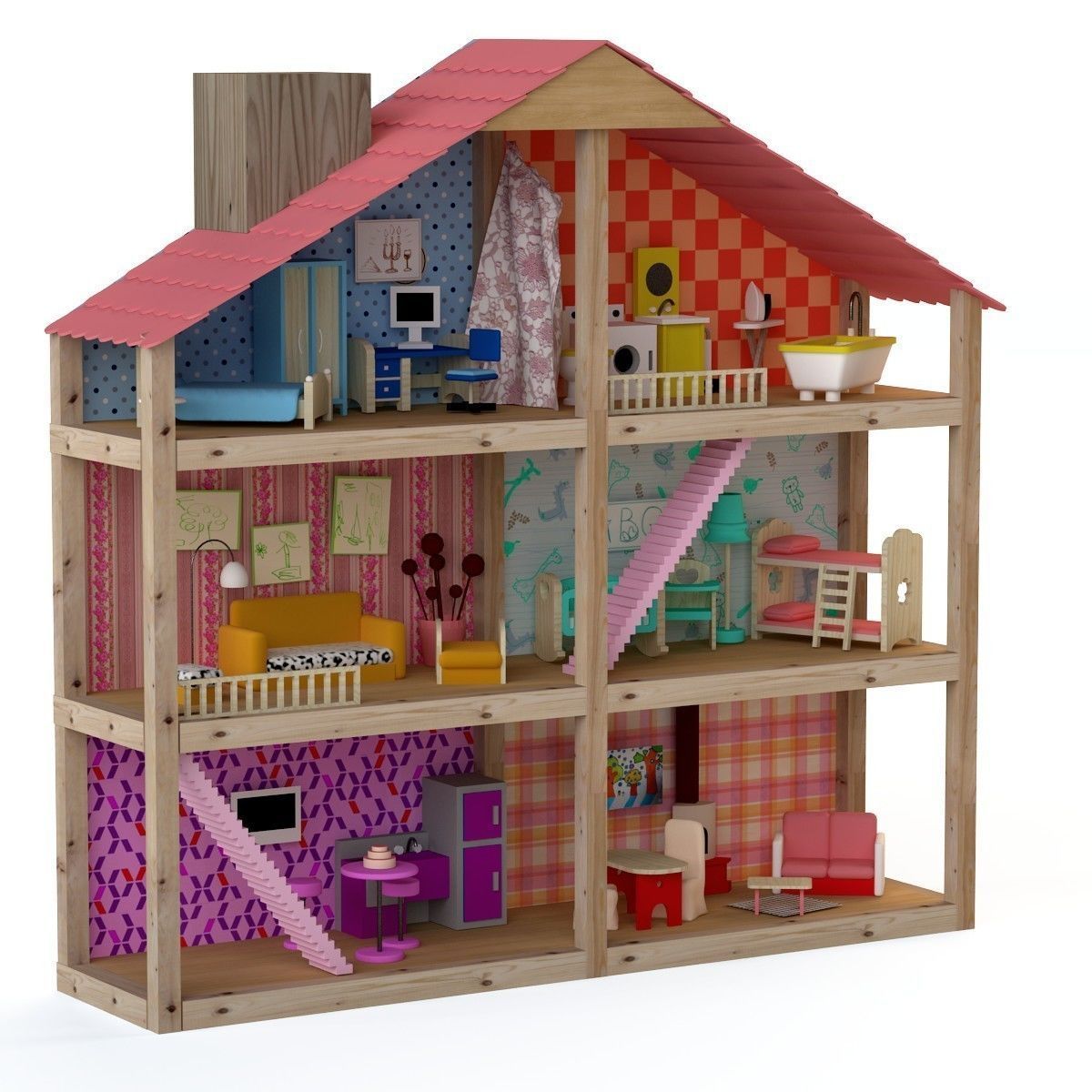 Wooden House for dolls Toy house 3D model_26