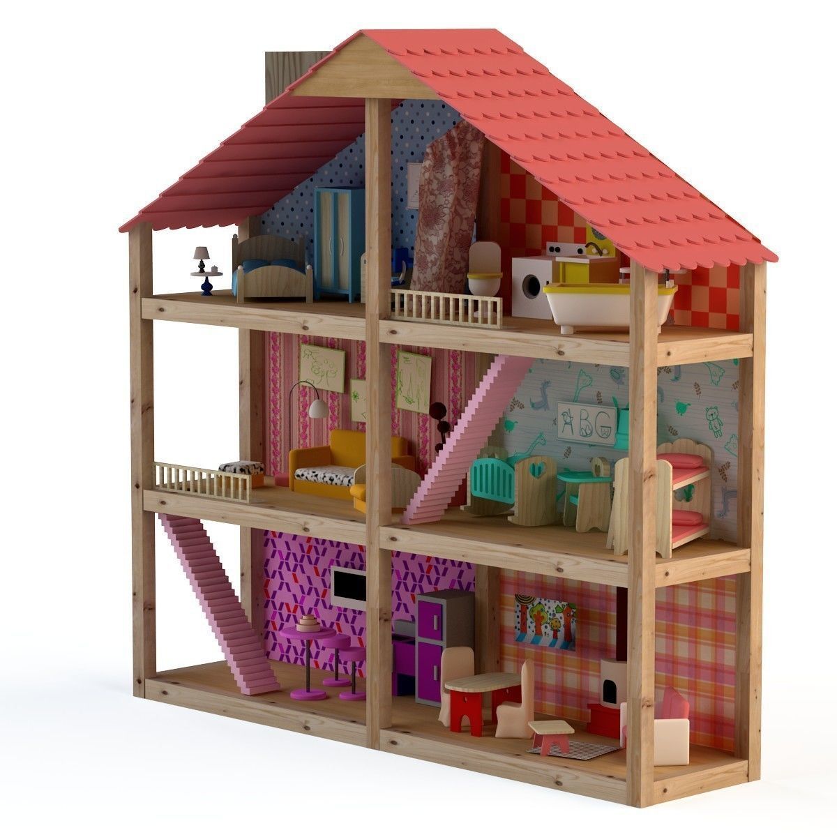 Wooden House for dolls Toy house 3D model_5