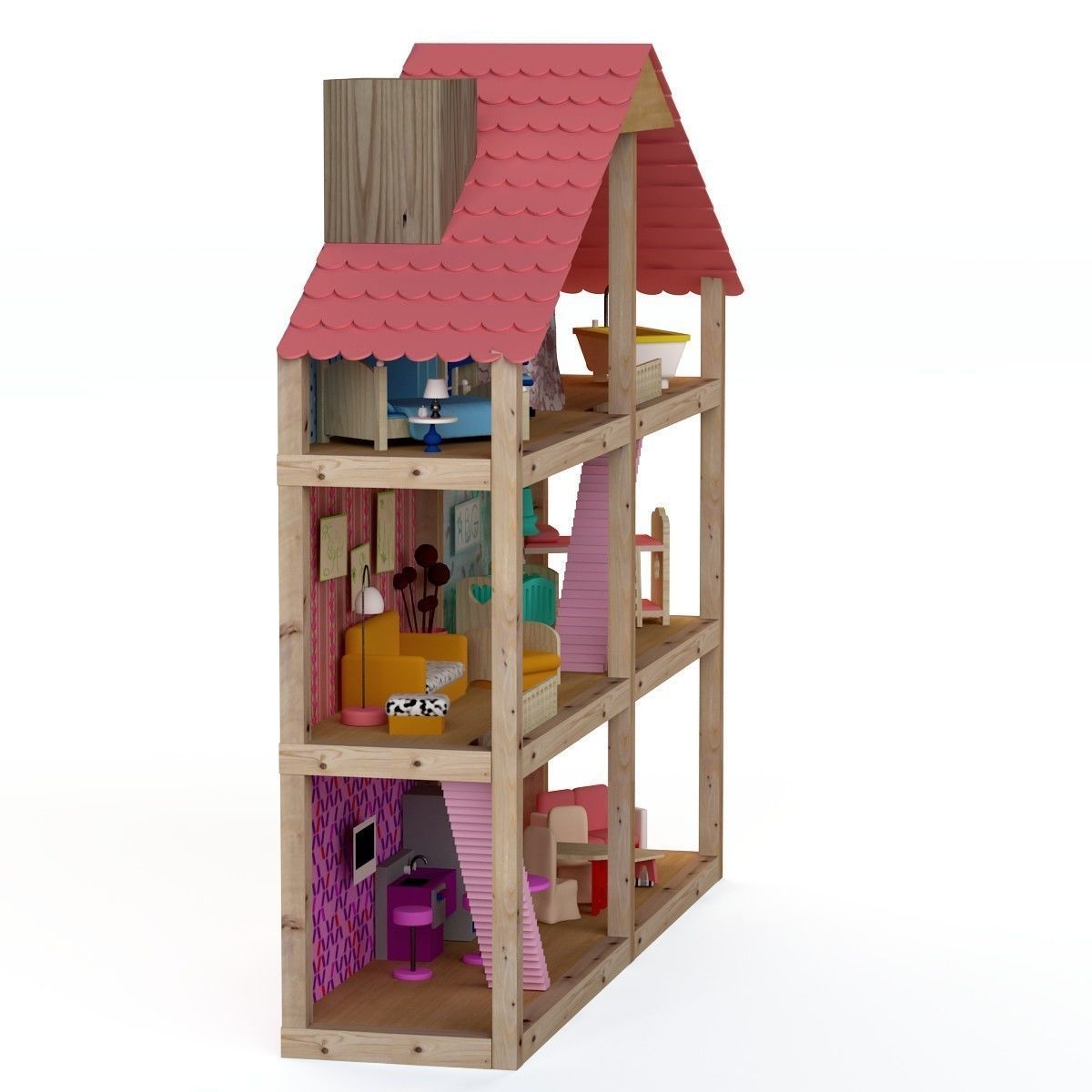 Wooden House for dolls Toy house 3D model_17