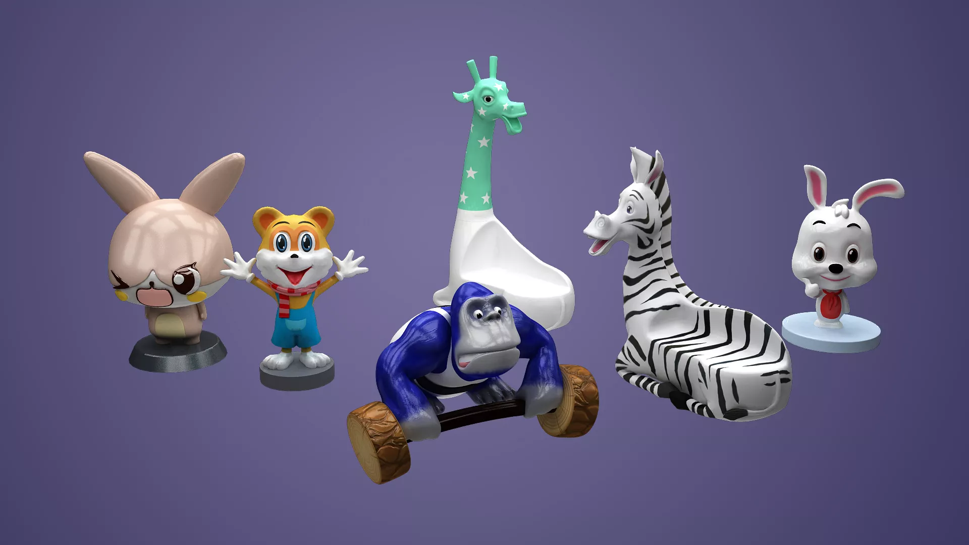 Cartoon animals zebras giraffes gorillas white rabbits 3D model