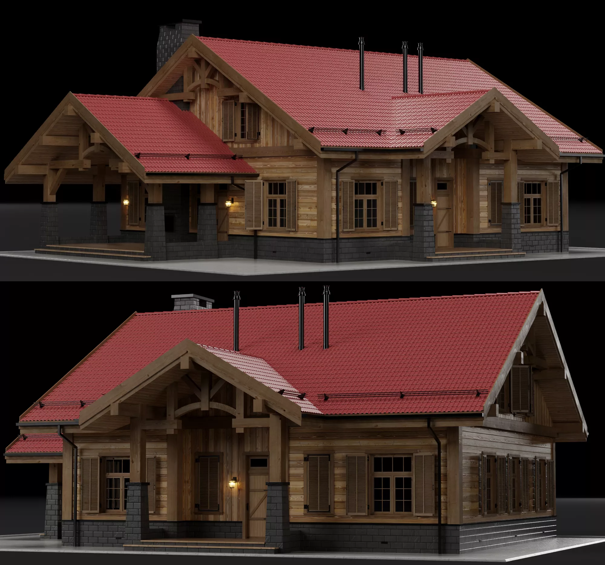 Timber Log Cabin House Set 3D model