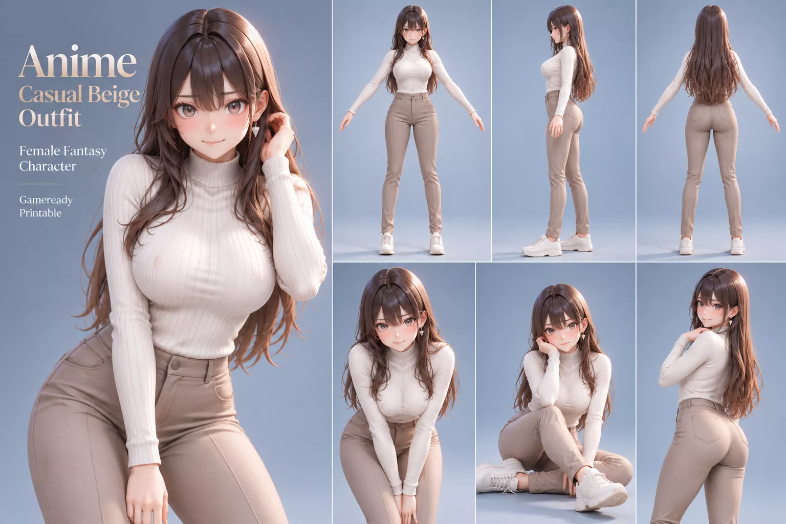 Anime Casual Beige Outfit Female Fantasy Character Low-poly 3D model