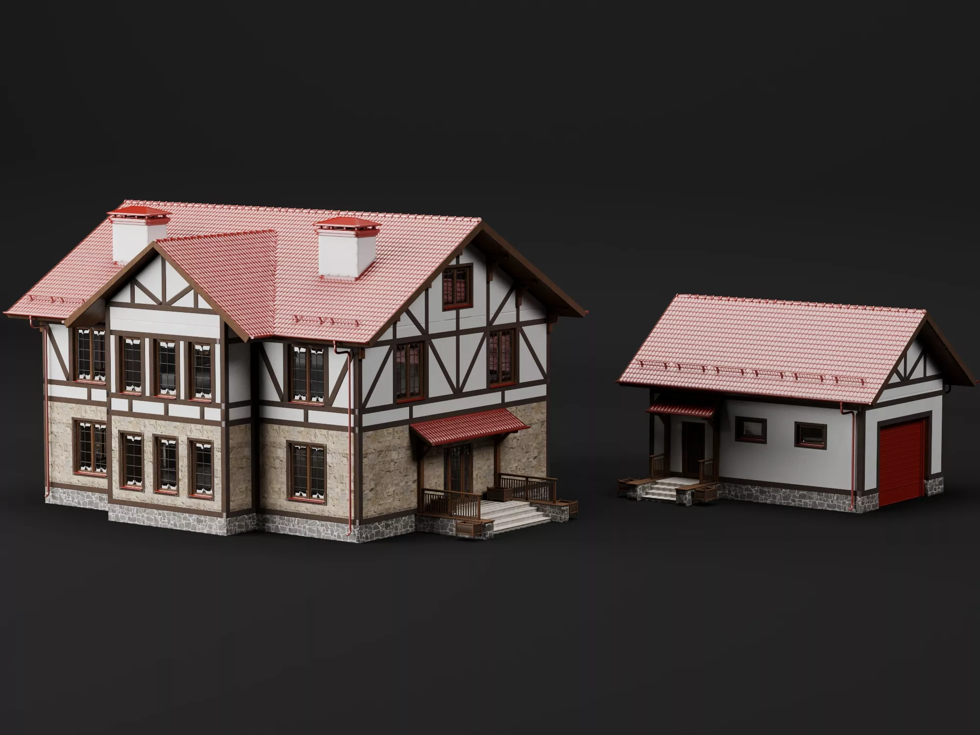 Half Timbered House With Garage Outbuilding 3D model