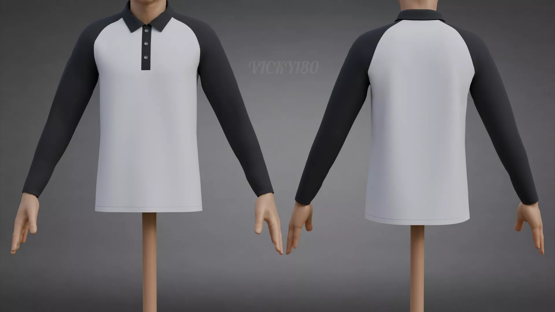 Two-Tone Raglan Polo Shirt Collar - Male Long-Sleeve T-Shirt Low-poly 3D model