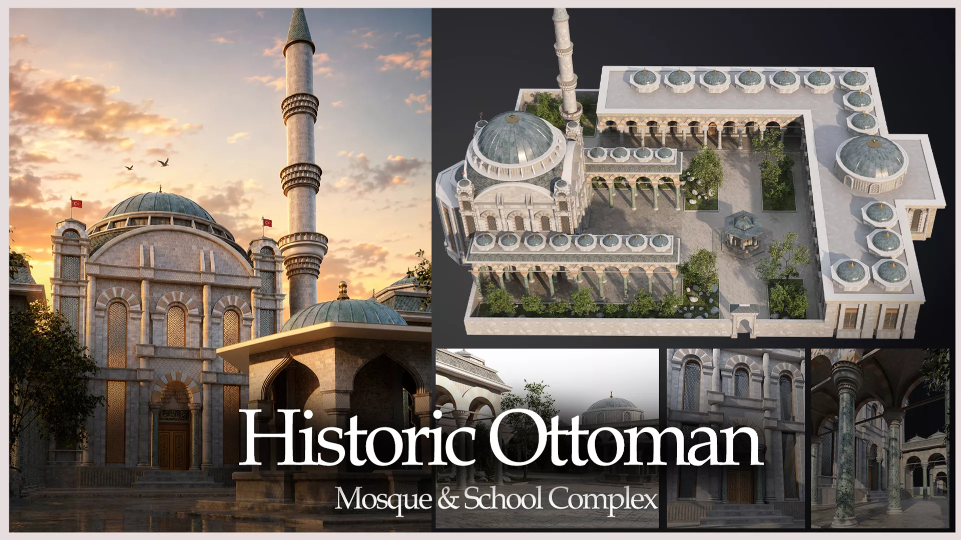 Historic Ottoman Empire Mosque School Complex pack Low-poly 3D model