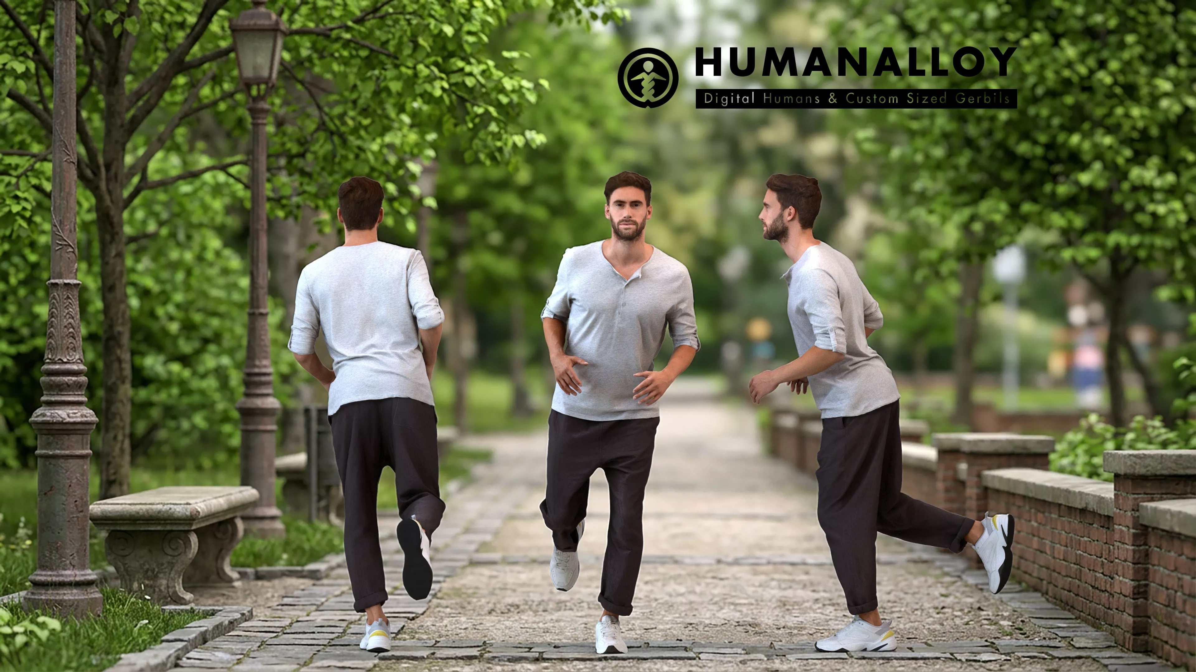Adult Caucasian man running outdoors in casual sportswear 3D model