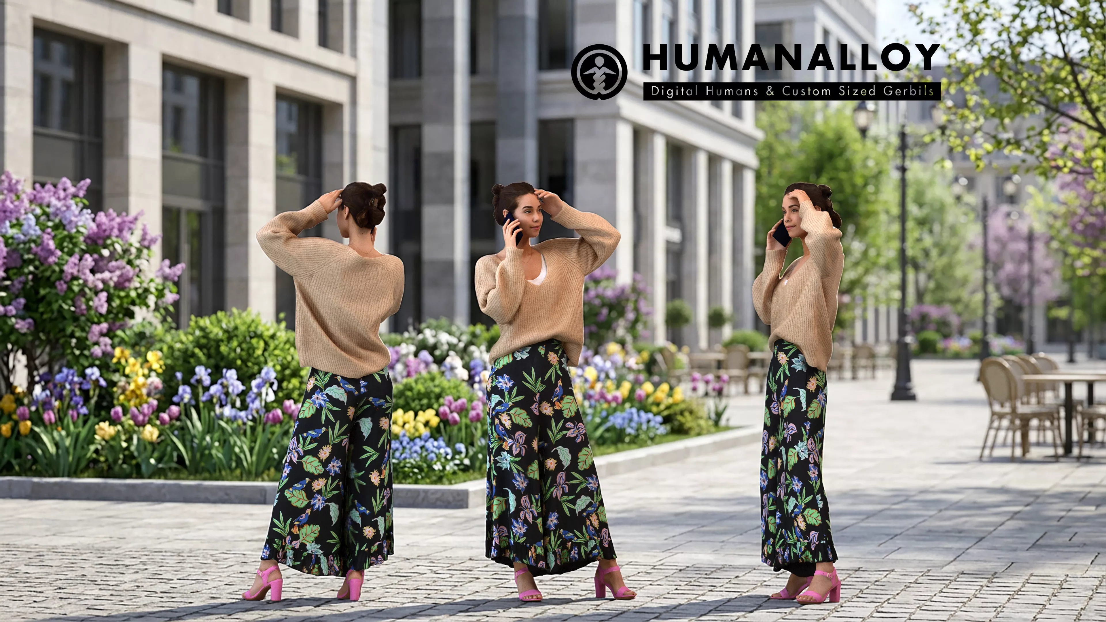 Adult Caucasian woman calling with smartphone in autumn or 3D model