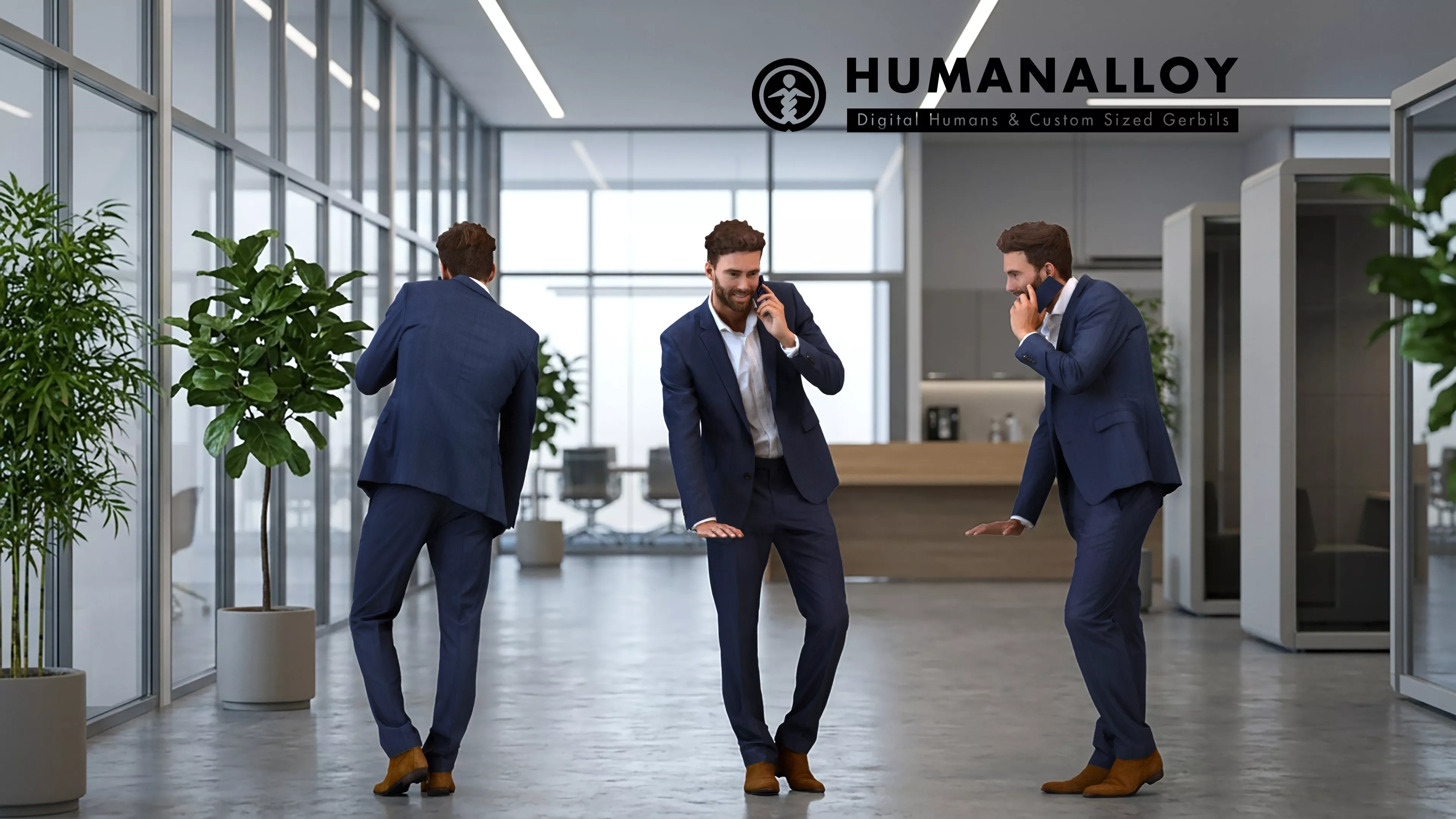 Adult Caucasian male calling while leaning in office wearing 3D model