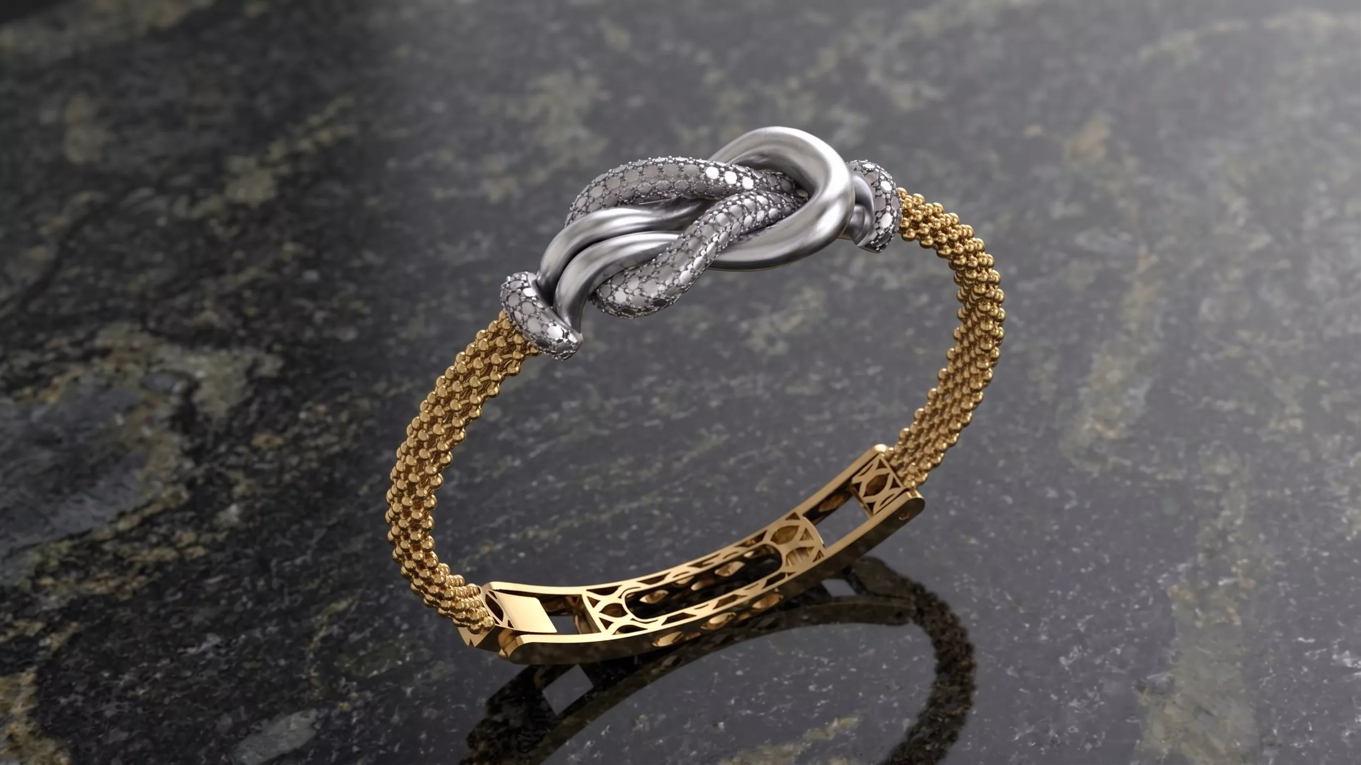 small Diamond cut gold finish knot mesh bracelet with support 3D print model