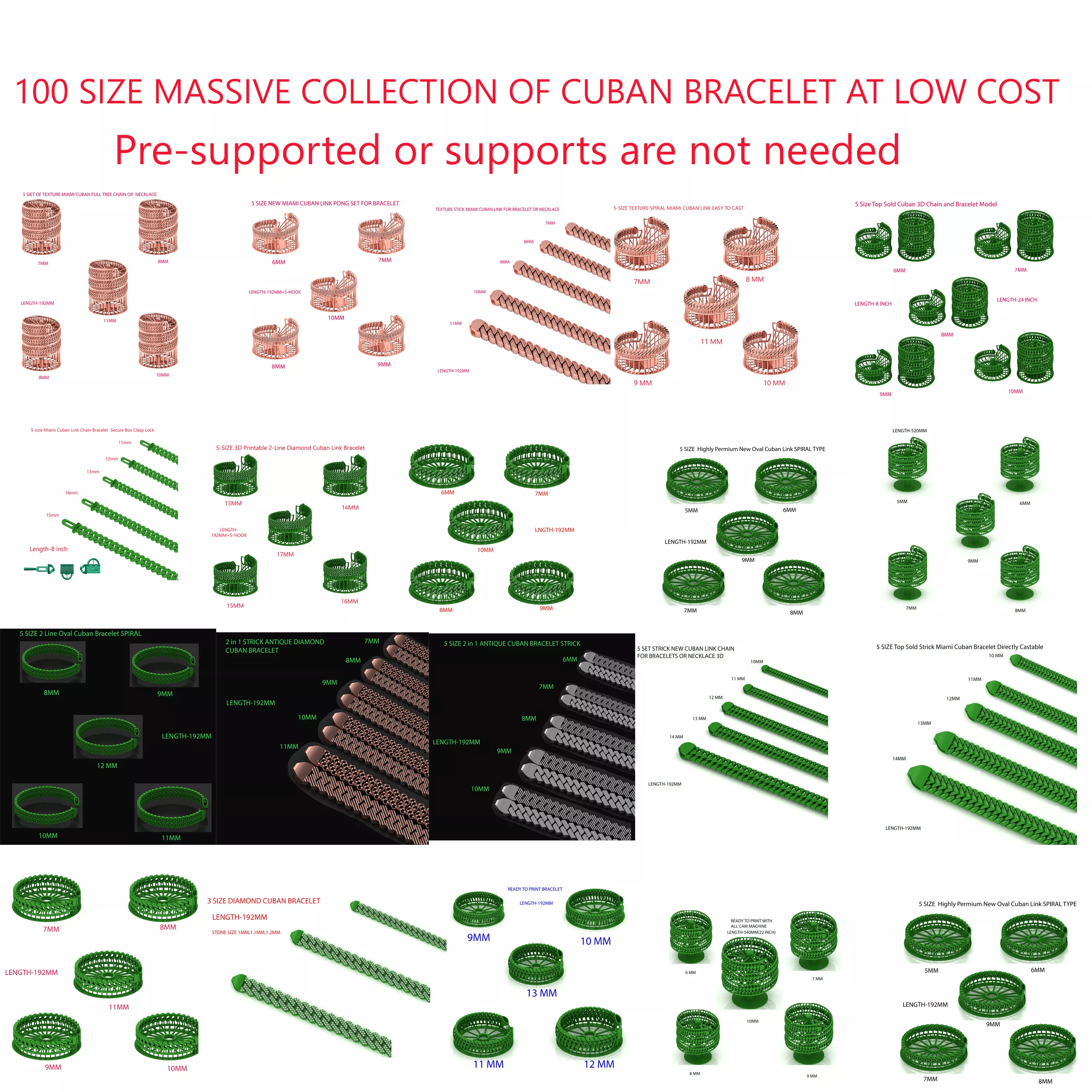 101 DIFFERENT SIZE MASSIVE SPIRAL MIAMI CUBAN LINK BRACELET 3D print model
