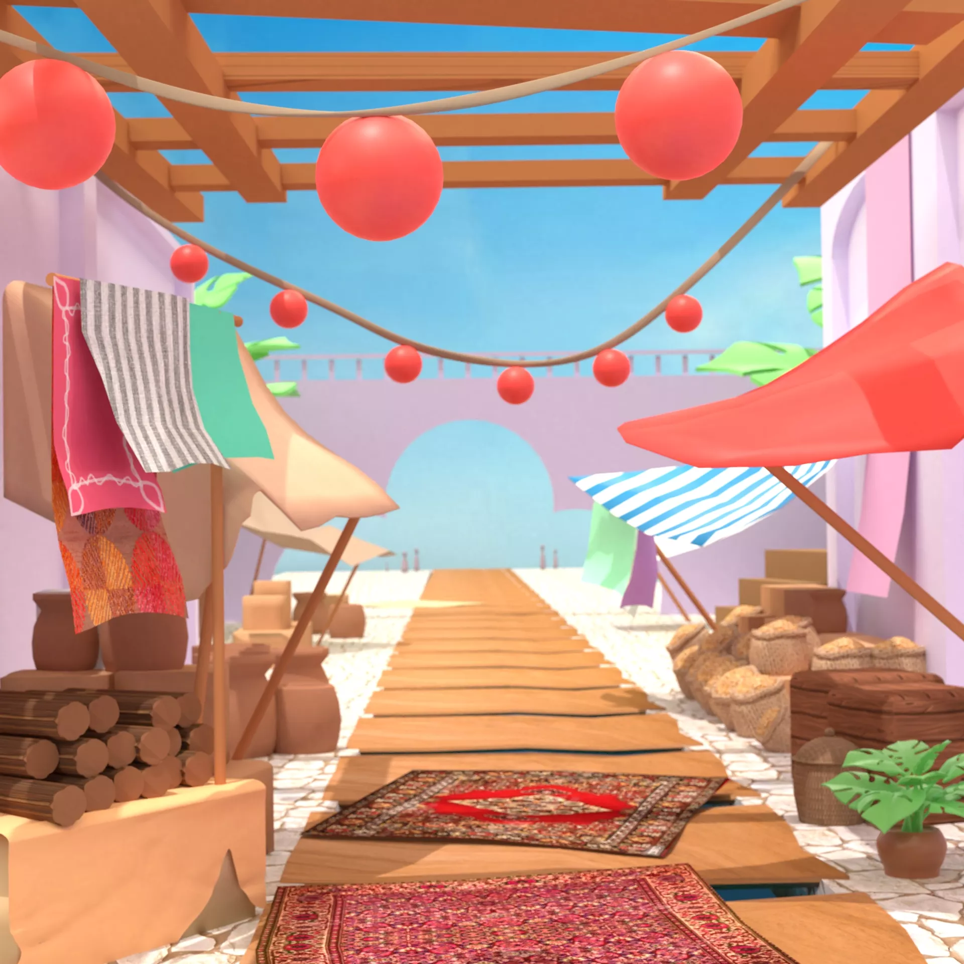 Stylized Clay Market Alley -- a Colorful Marketplace 3D Scene Low-poly 3D model