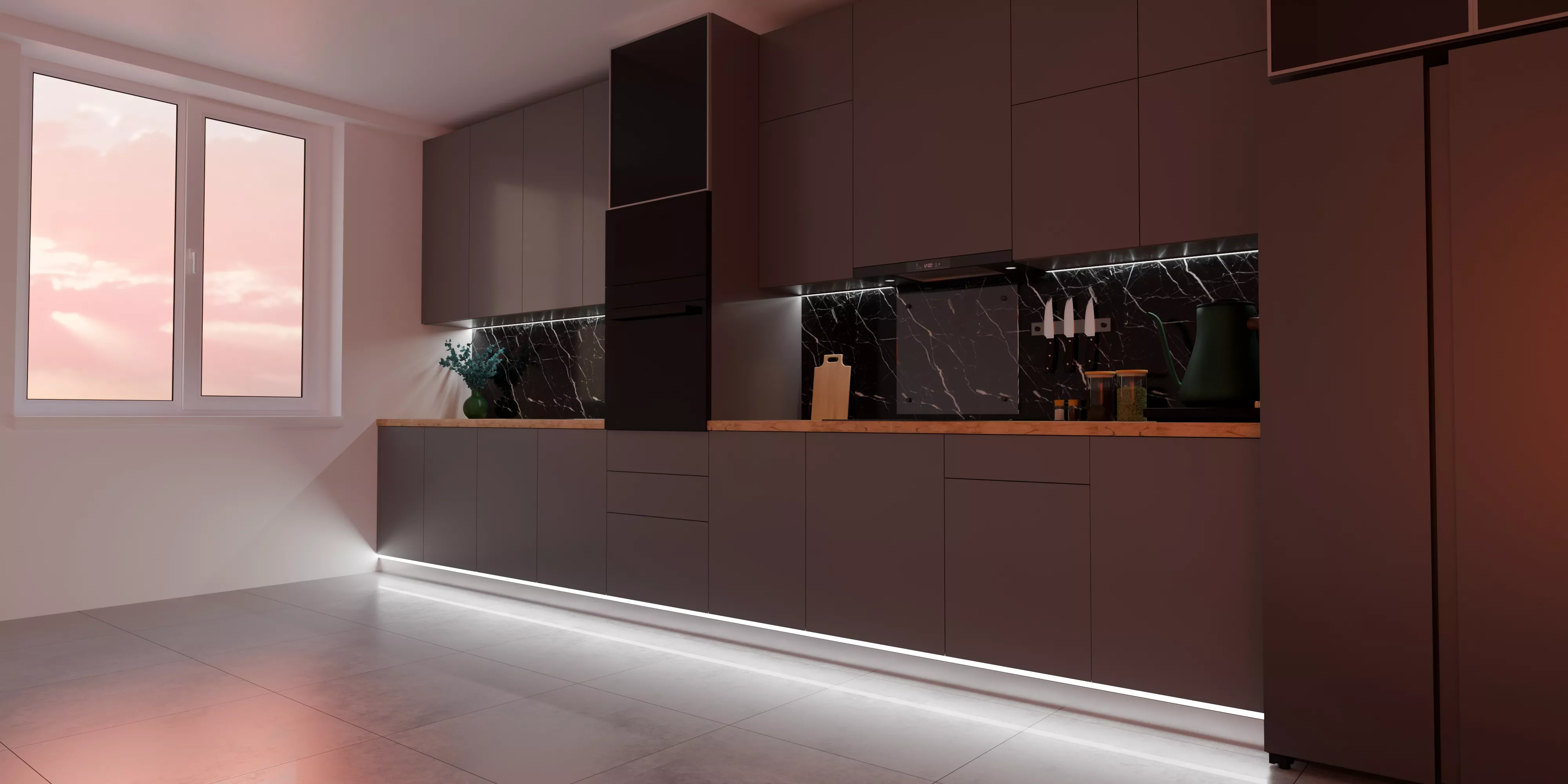 A modern kitchen in dark tones with warm atmospheric lighting 3D model