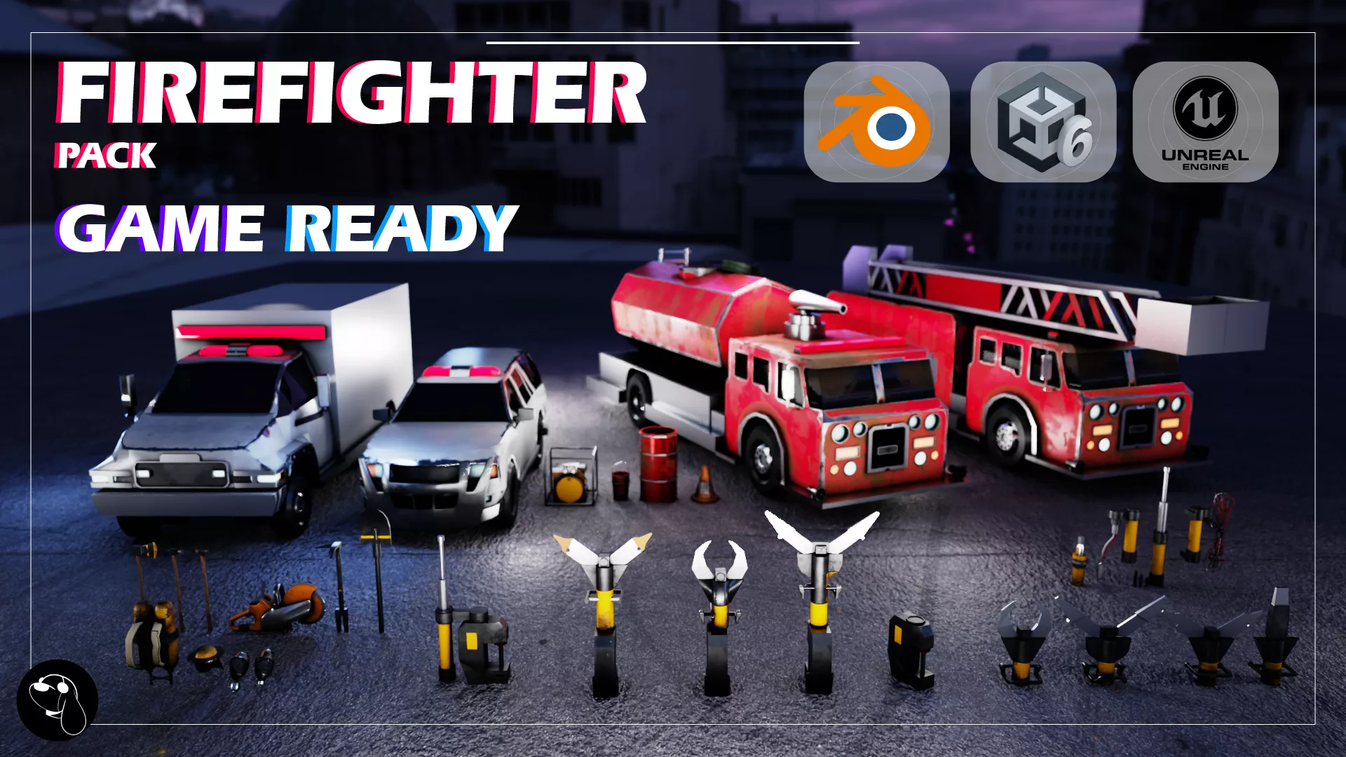 Firefighter and Emergency Rescue Asset Pack PBR Game Ready Low-poly 3D model
