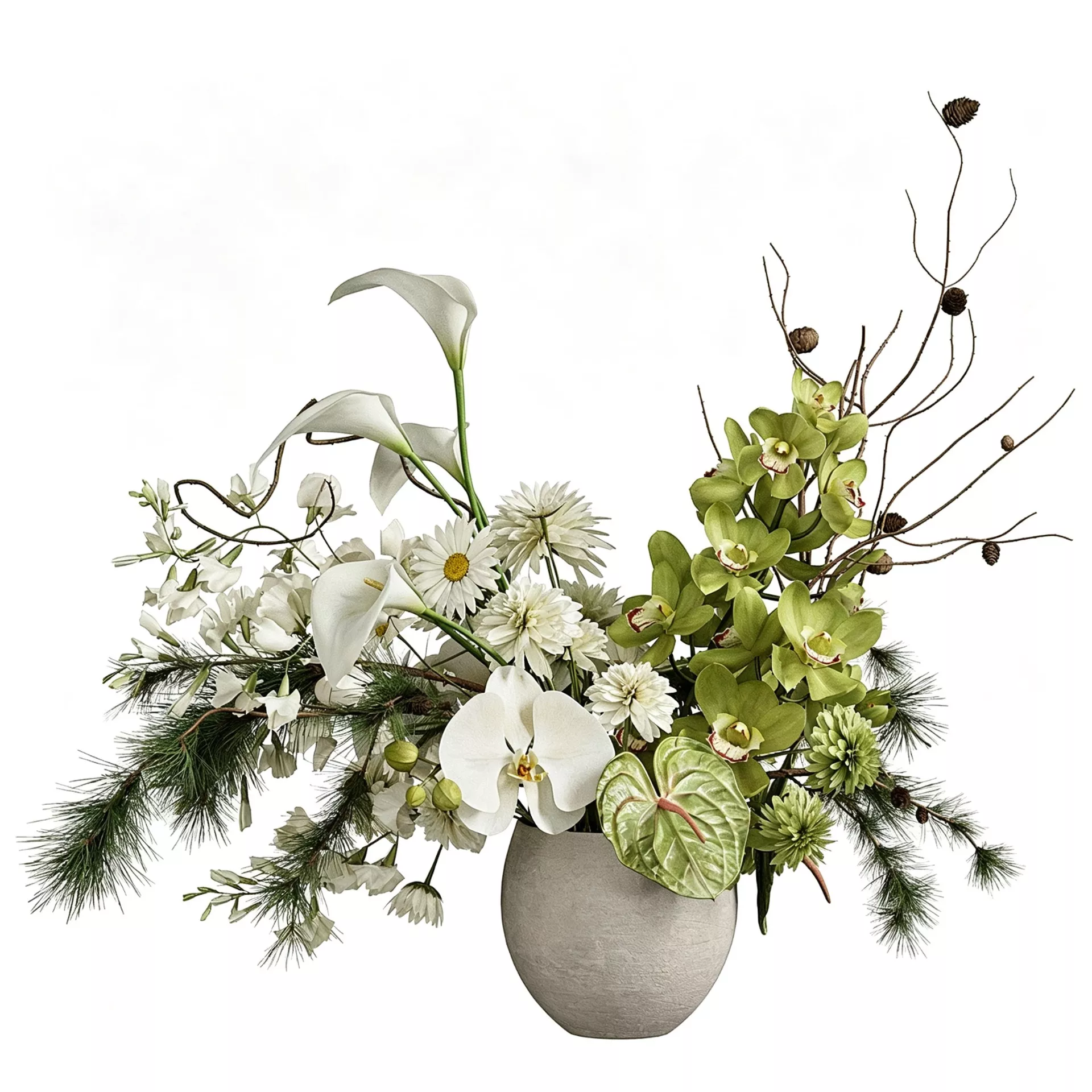 White Flower Arrangement in Ceramic Vase 3D model