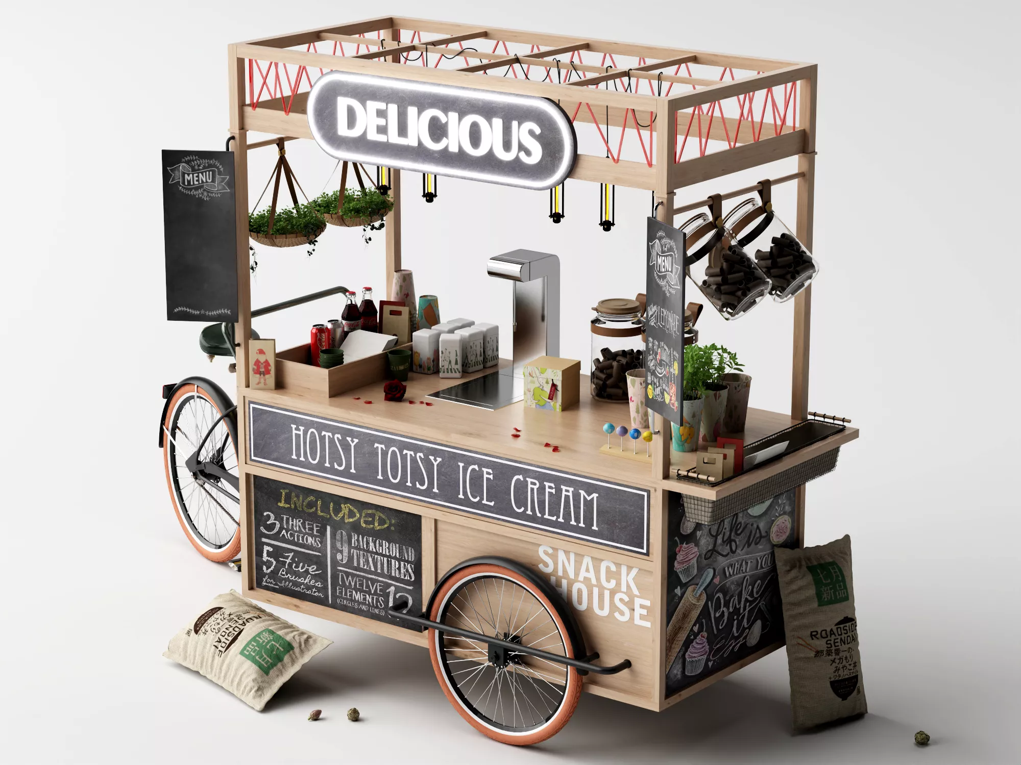 Street Food Bicycle Cart Kiosk 3D model