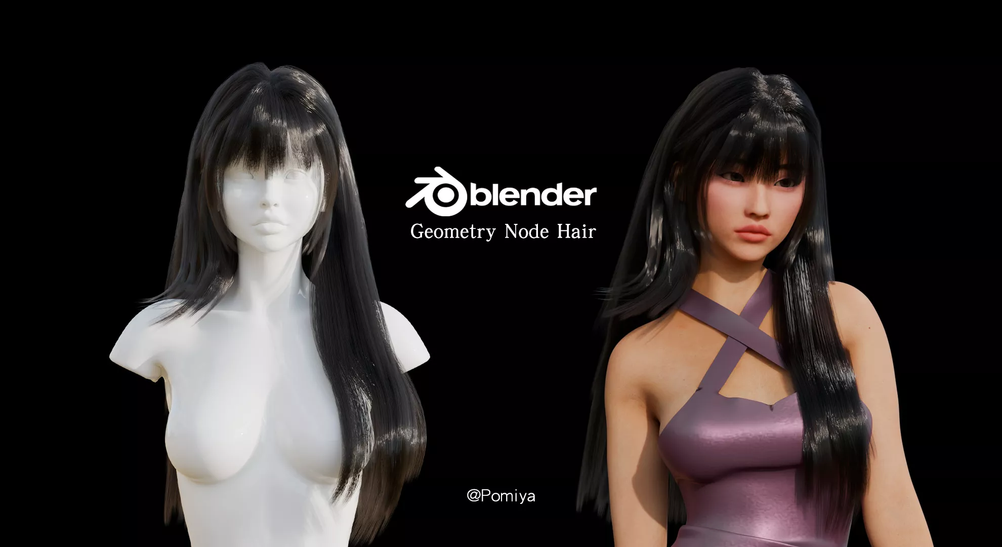Long Straight Hair with Full Bangs - Blender Geometry Nodes 3D model