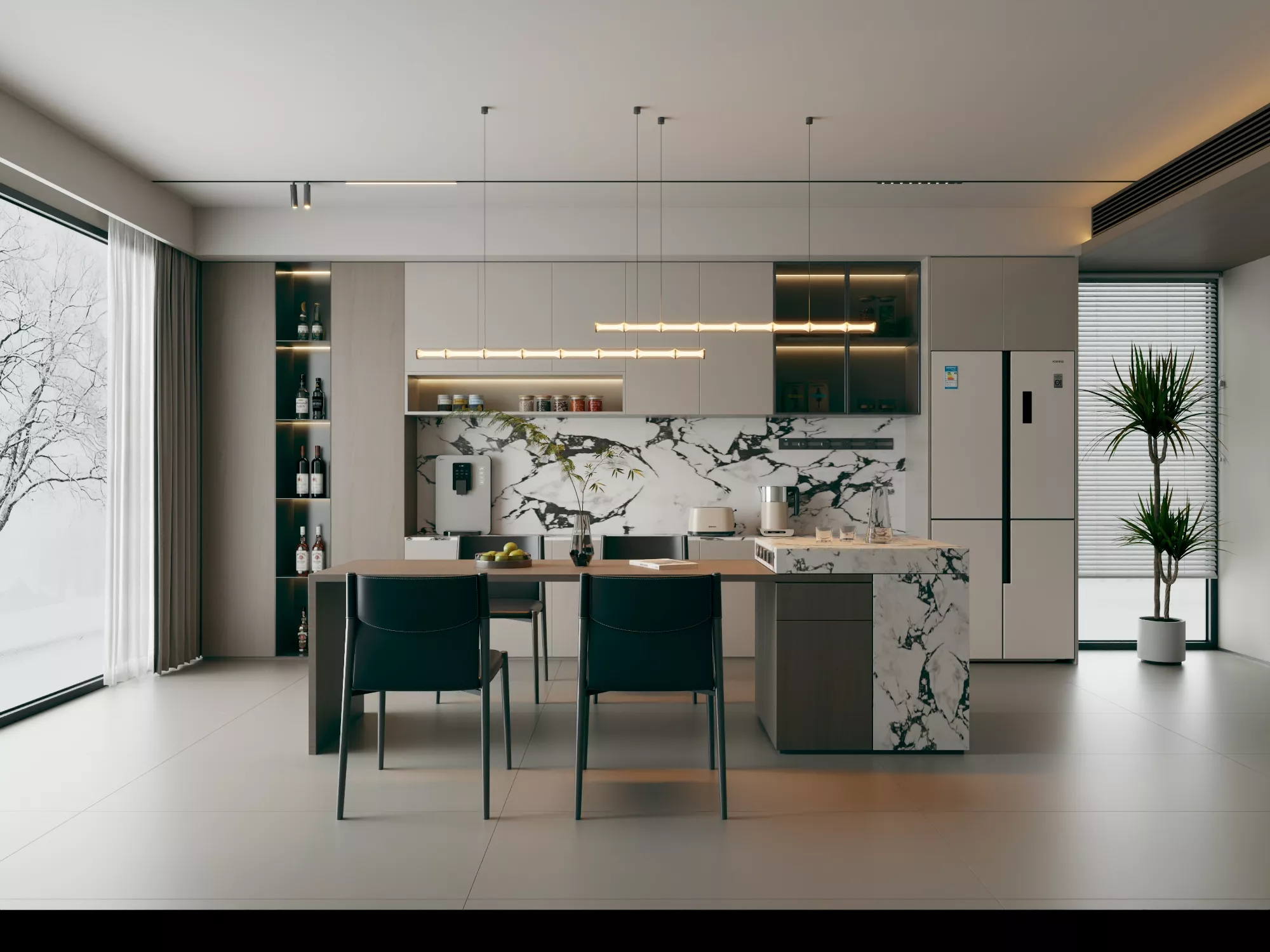 Modern Open Kitchen Dining Interior Scene 3D model