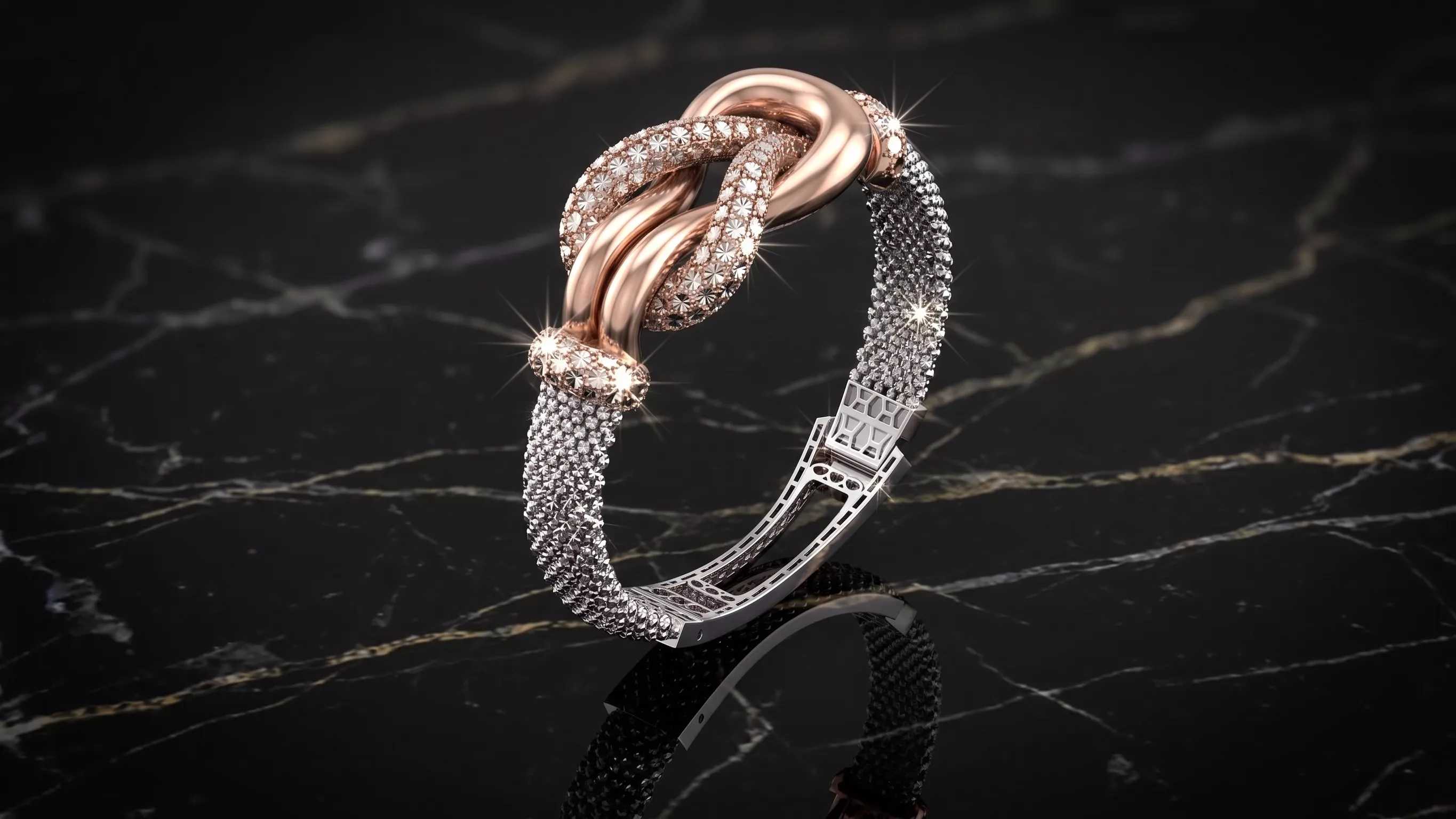 big Diamond cut gold finish knot mesh bangle bracelet support 3D print model