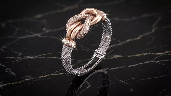 big Diamond cut gold finish knot mesh bangle bracelet support