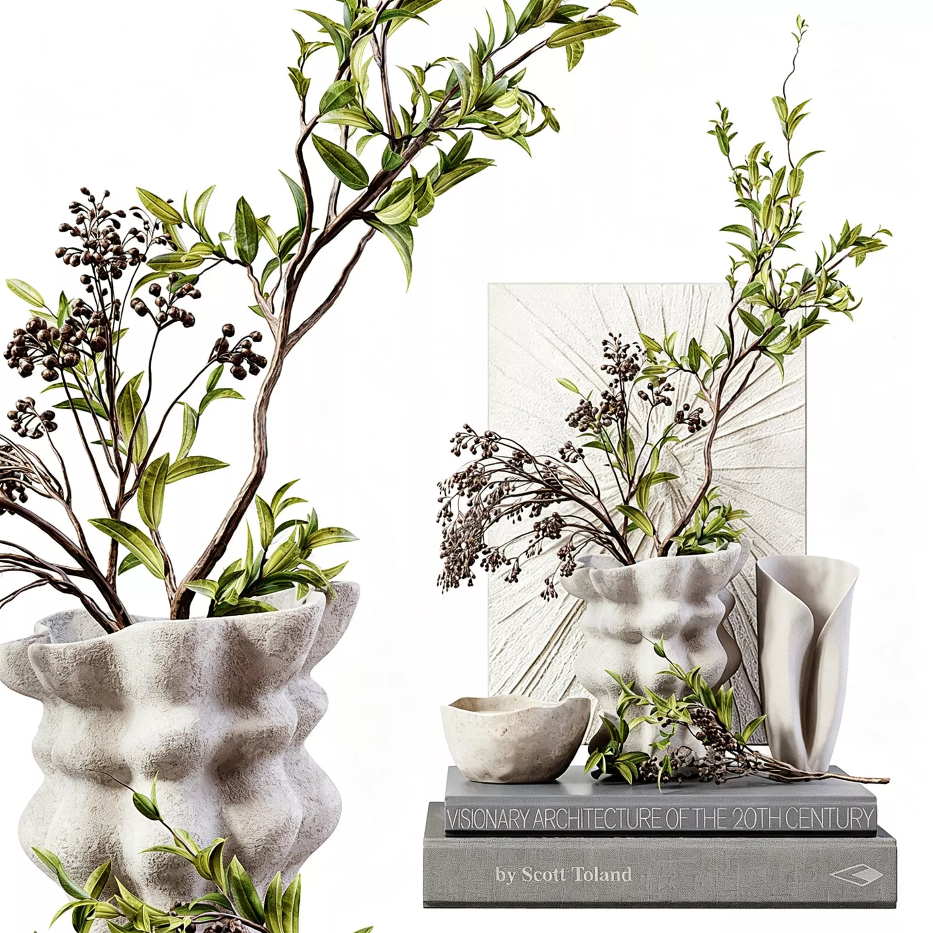 Textured White Planters with Plants 3D model