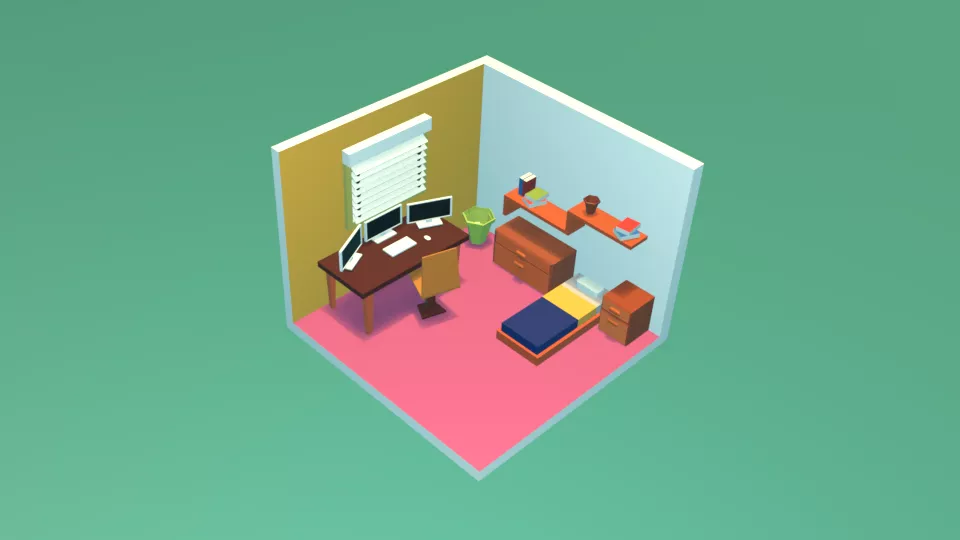 Stylized Low Poly Bedroom and Study Room Interior Low-poly 3D model