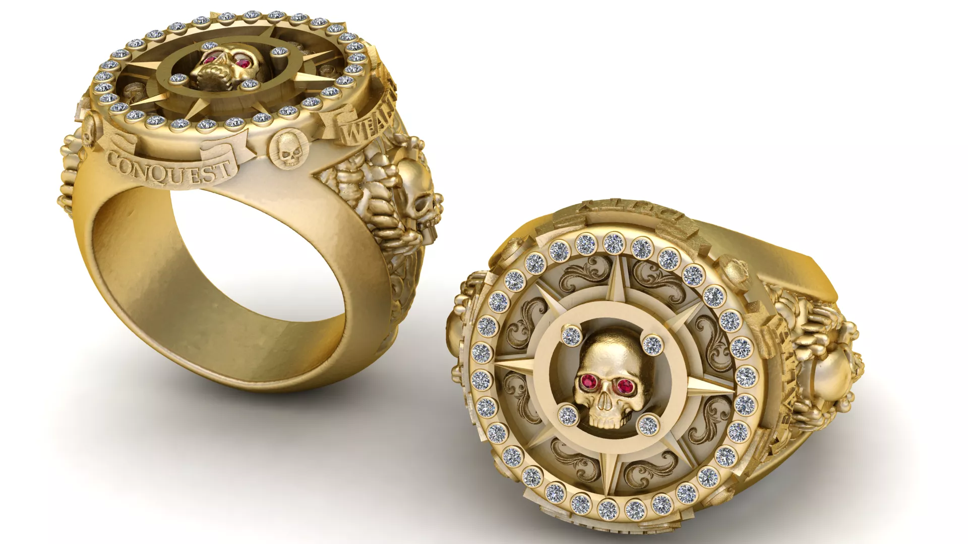 Gemstone Skull Compass Gold Signet Ring 3D print model