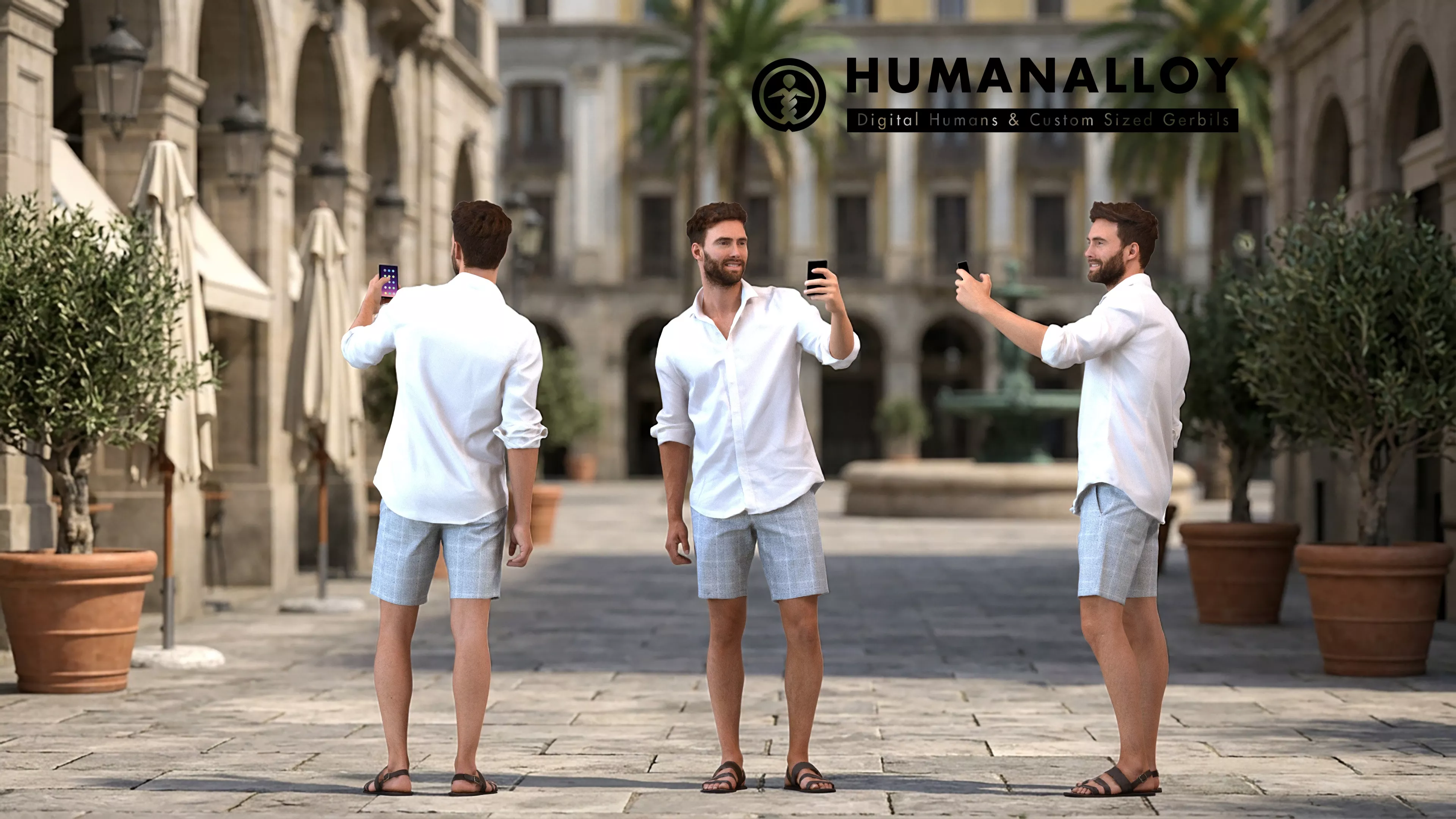 Adult Caucasian man taking photo with smartphone in public space 3D model