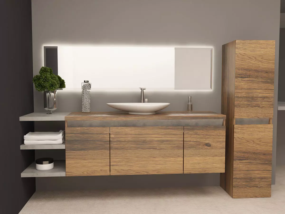 Bathroom modern with wooden cabinets and mirror 3D model_0
