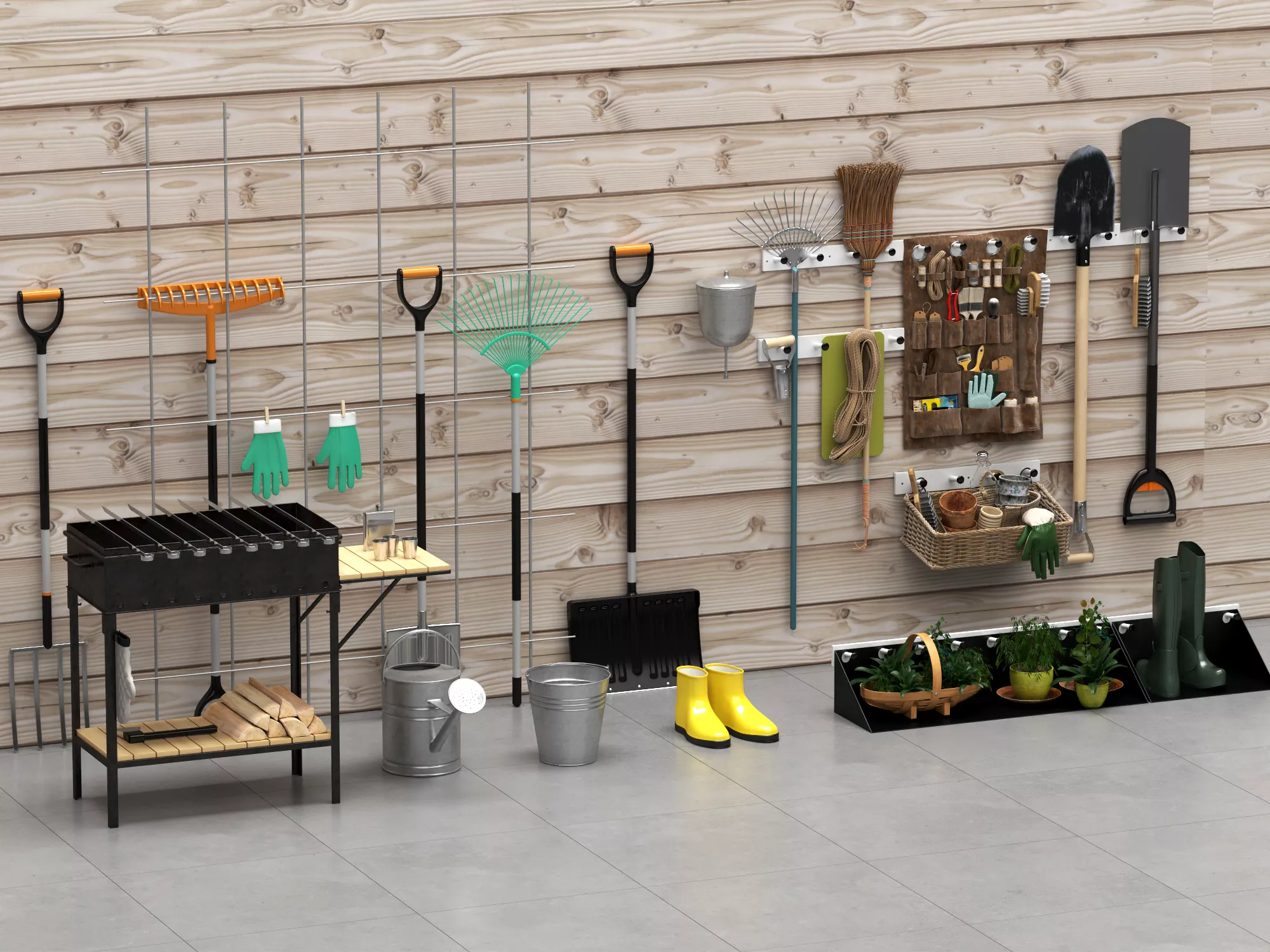 Garden Tools and BBQ Set 3D Model 3D model