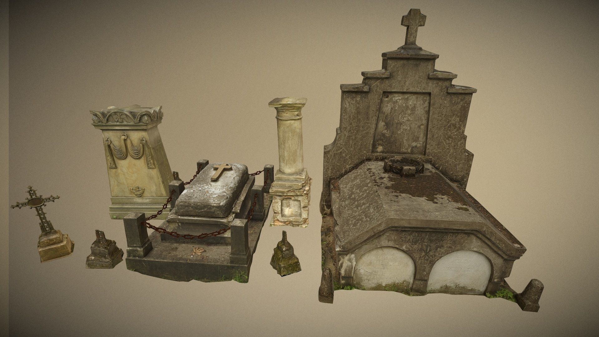 6x Grave crypt and crosses - cemetery colection Low-poly 3D model_2