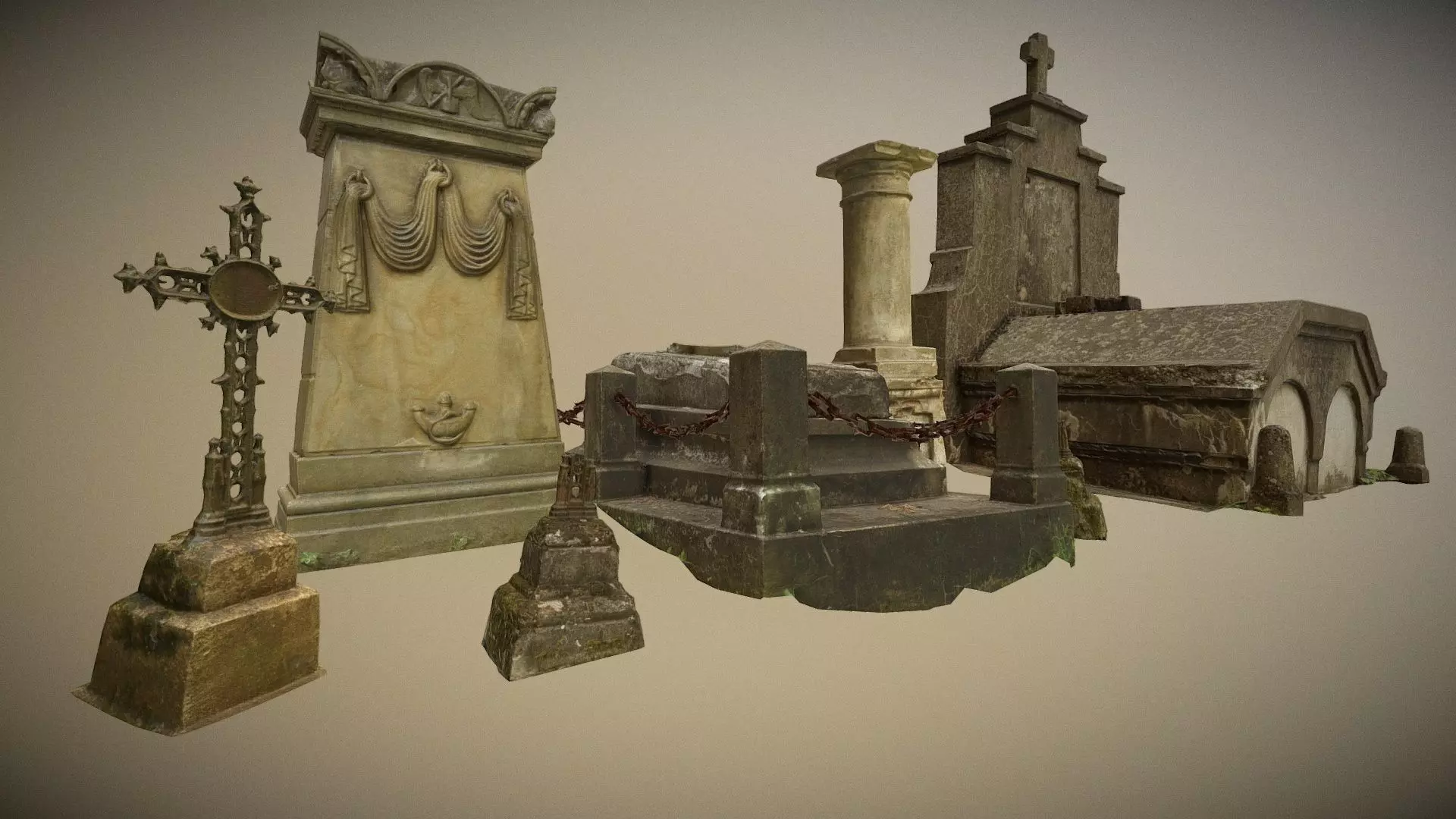 6x Grave crypt and crosses - cemetery colection Low-poly 3D model_0