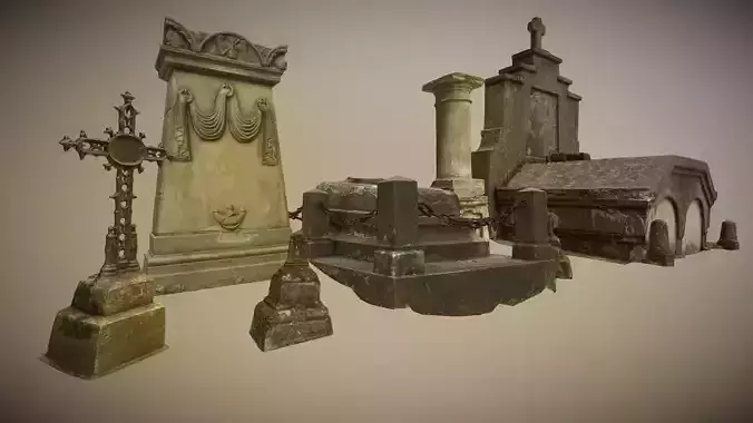 6x Grave crypt and crosses - cemetery colection Low-poly 3D model