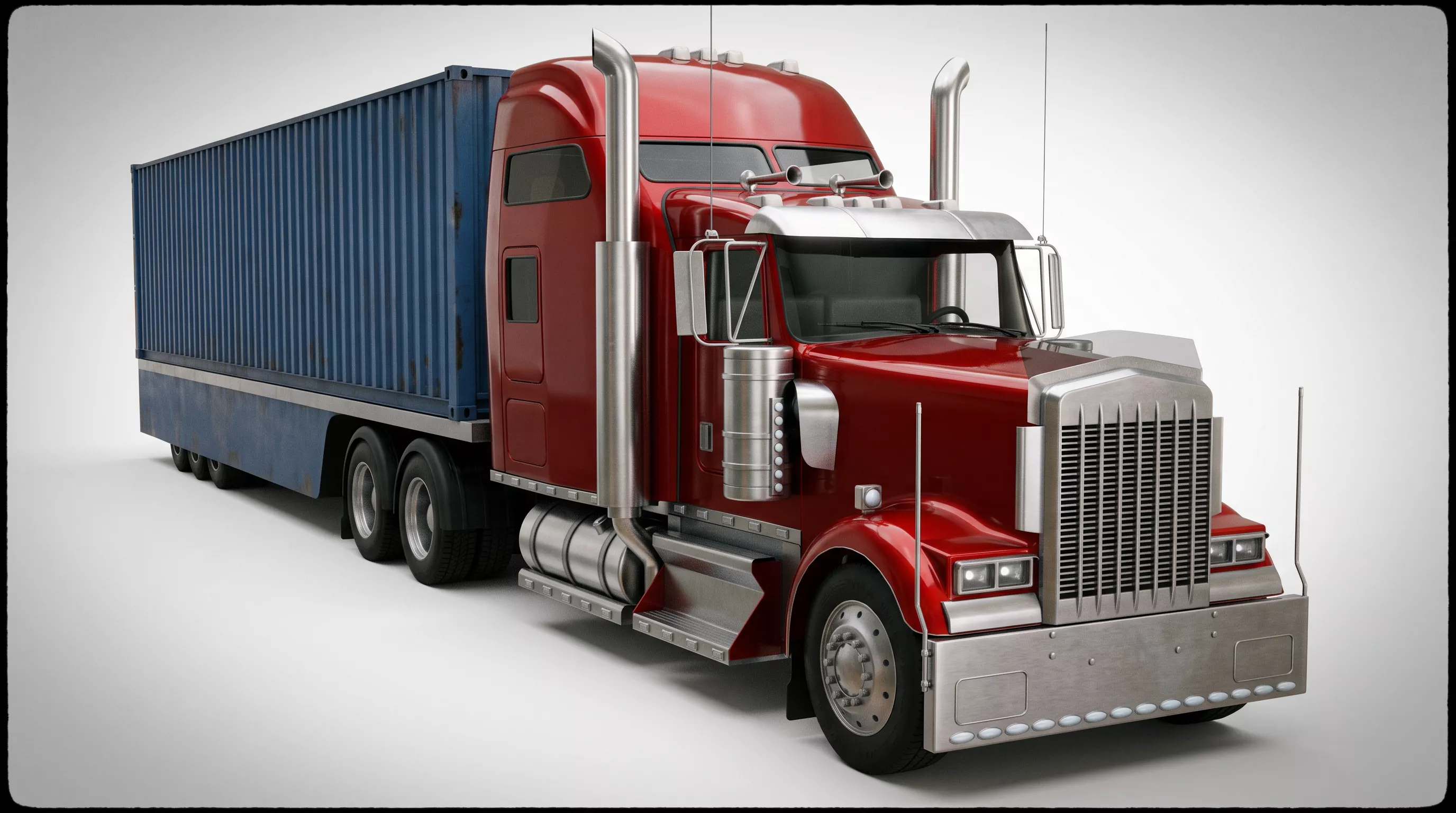 Semi Truck with Container Trailer - Kenworth Style 3D Model 3D model