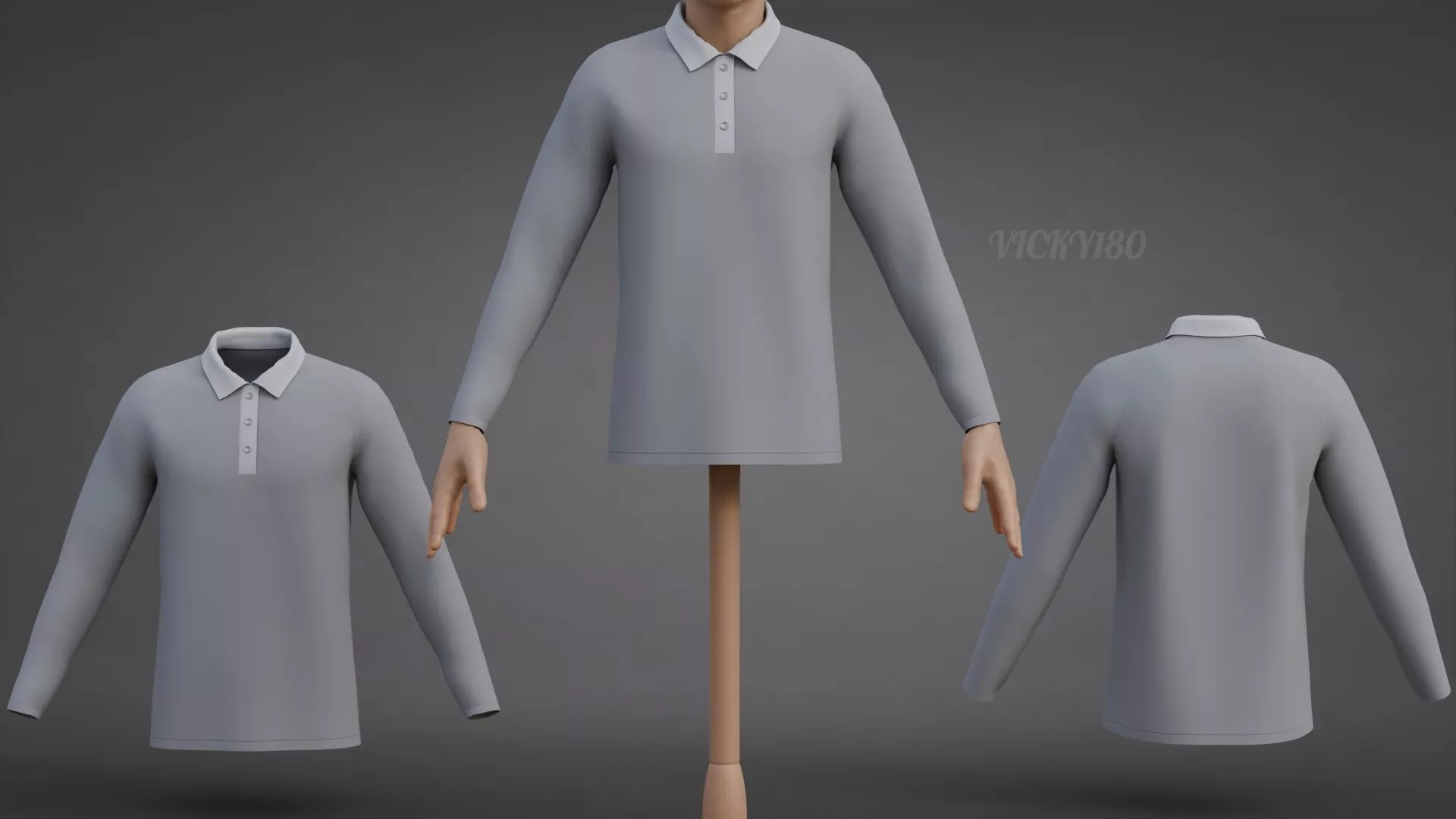 Grey Long-Sleeve Polo Shirt with Collar - Raglan-Style T-Shirt Low-poly 3D model