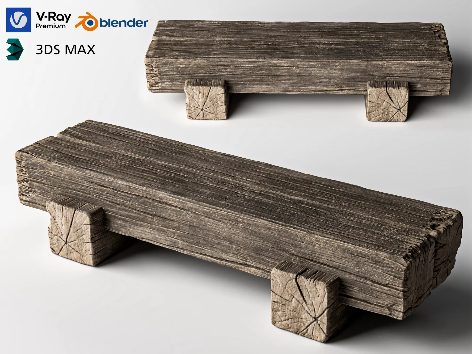 Rustic Solid Wood Bench 3D model
