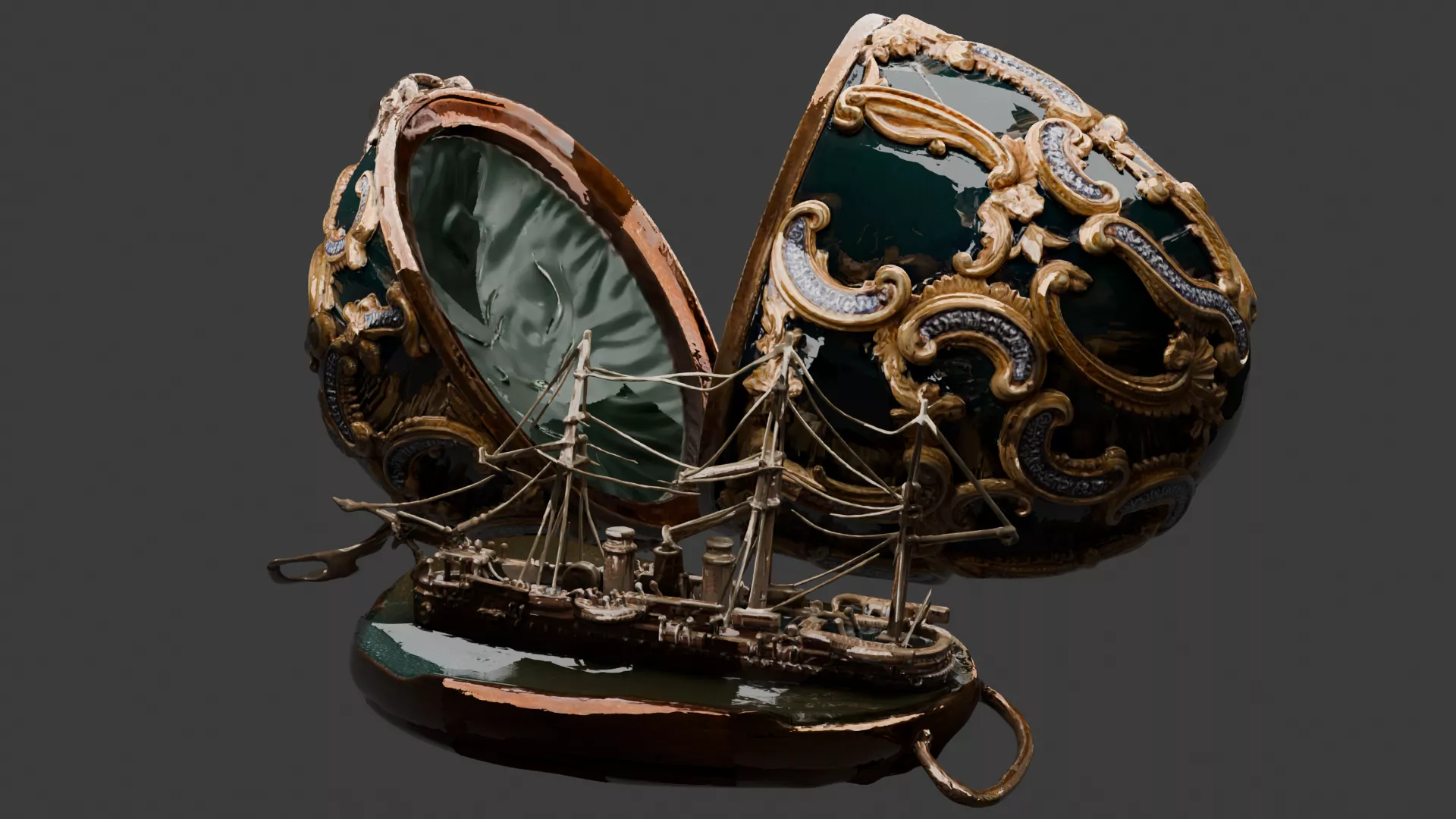 Chinese Jewelry Box with Sail Ship 3D Model Low-poly 3D model