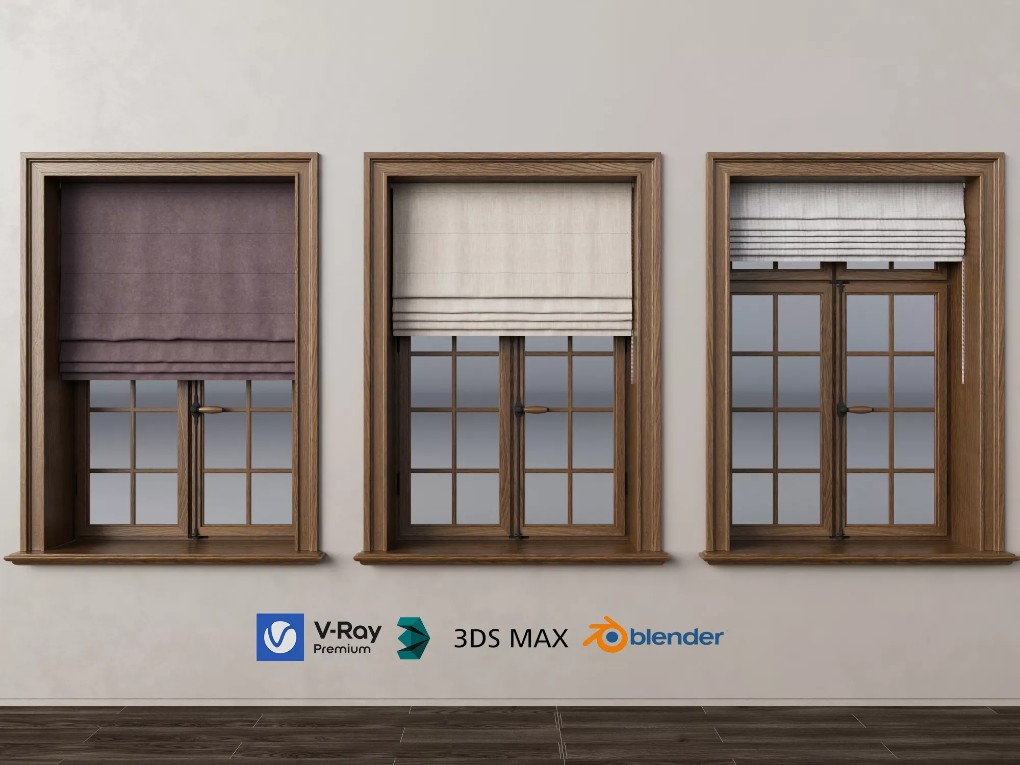 Wooden Window With Roman Shades 3D model