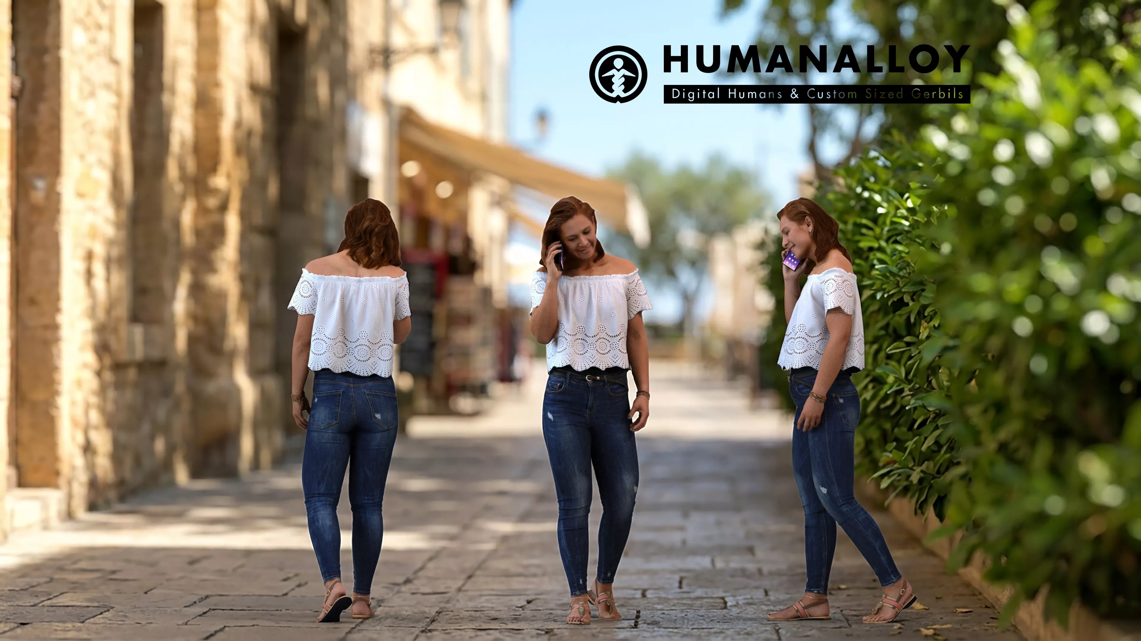 Adult Caucasian woman walking outdoors calling on smartphone in 3D model