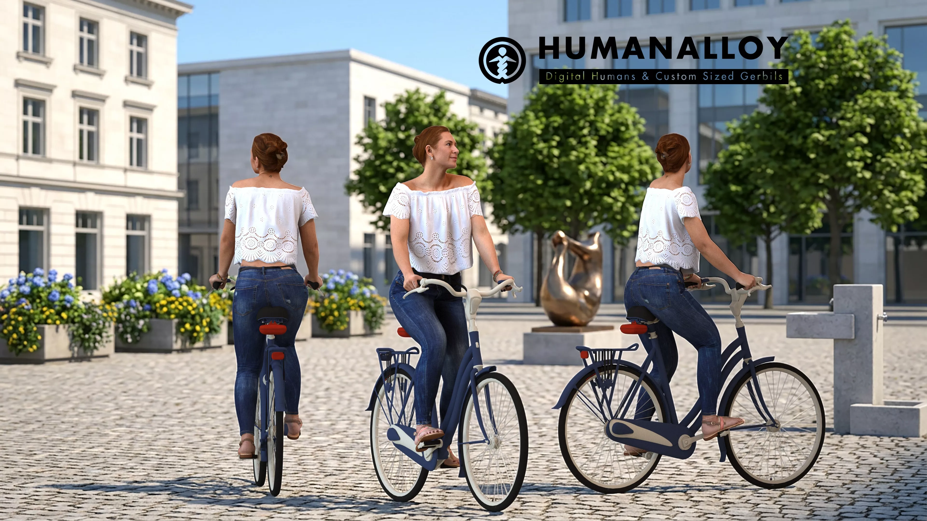 Adult Caucasian woman cycling through public space in summer 3D model