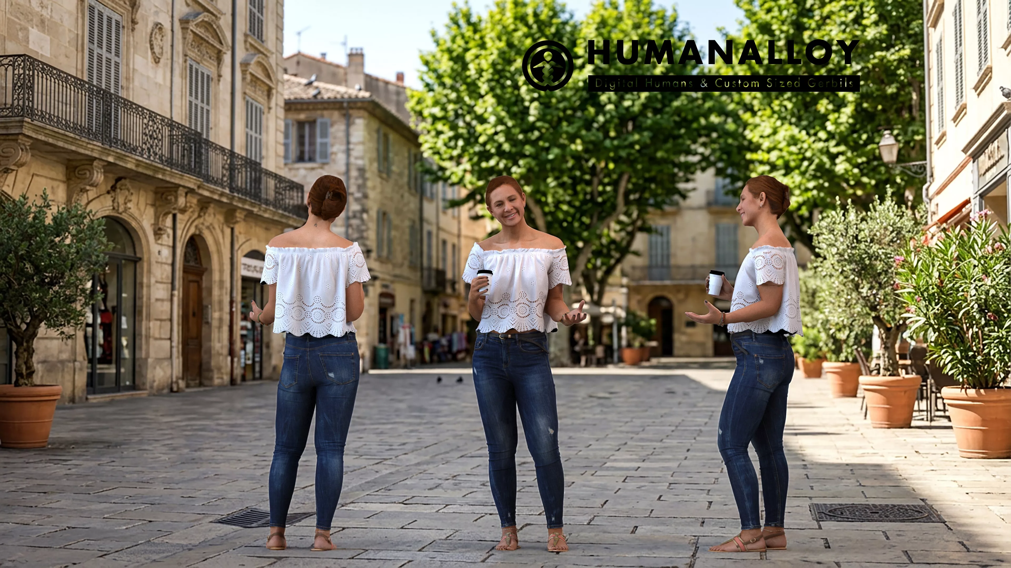 Adult Caucasian woman talking in public space with coffee cup 3D model