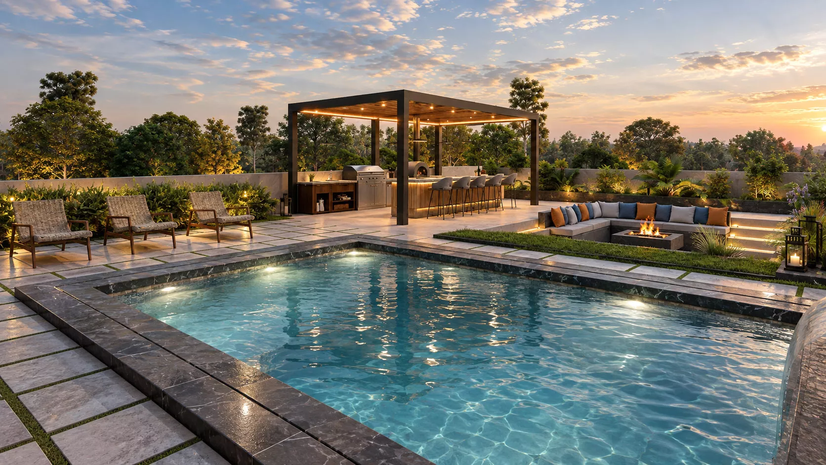 Modern Luxury Rooftop Garden with Pool Outdoor Kitchen Fire Pit 3D model