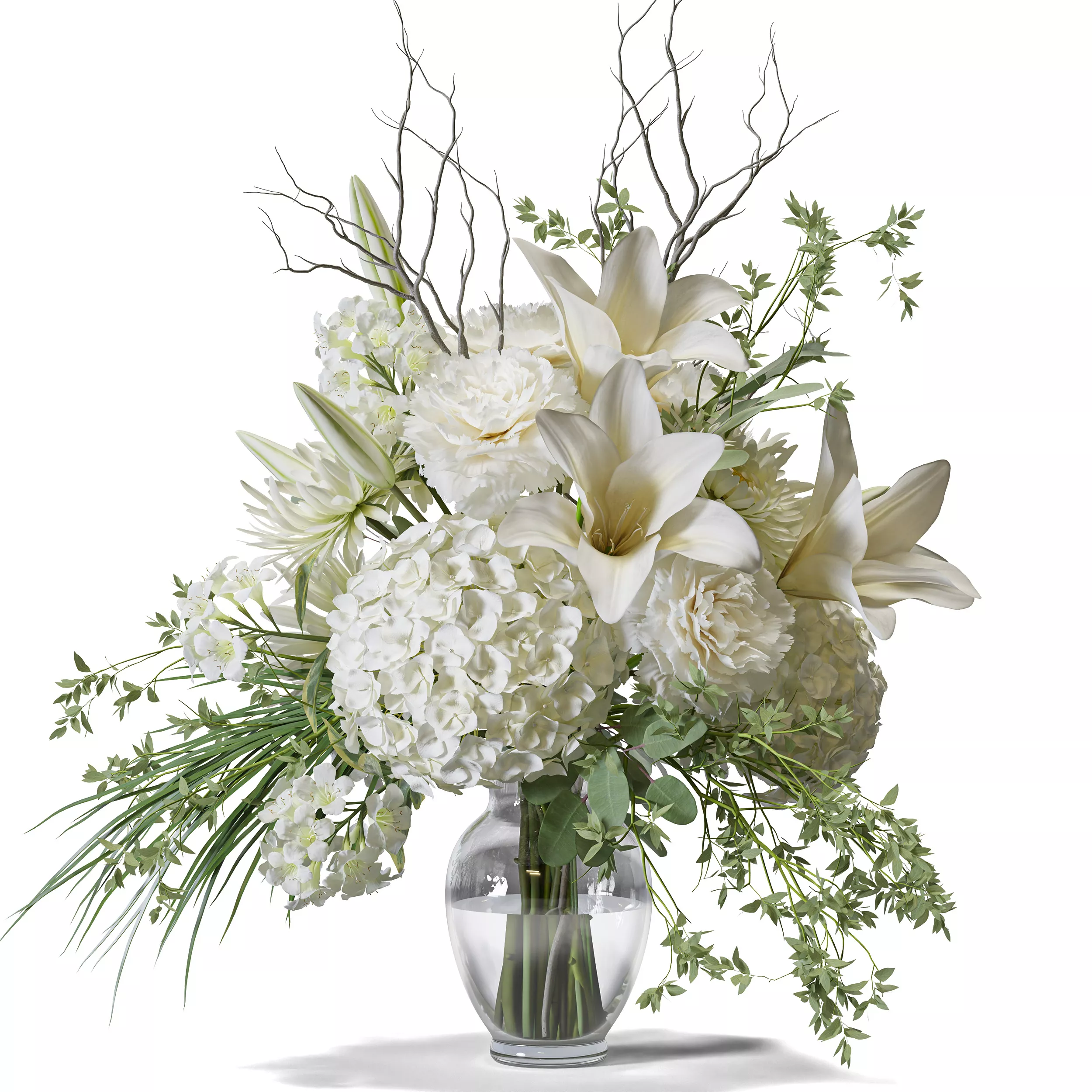Flower Set 192 White Lily Hydrangea Bouquet Glass Vase 3D model