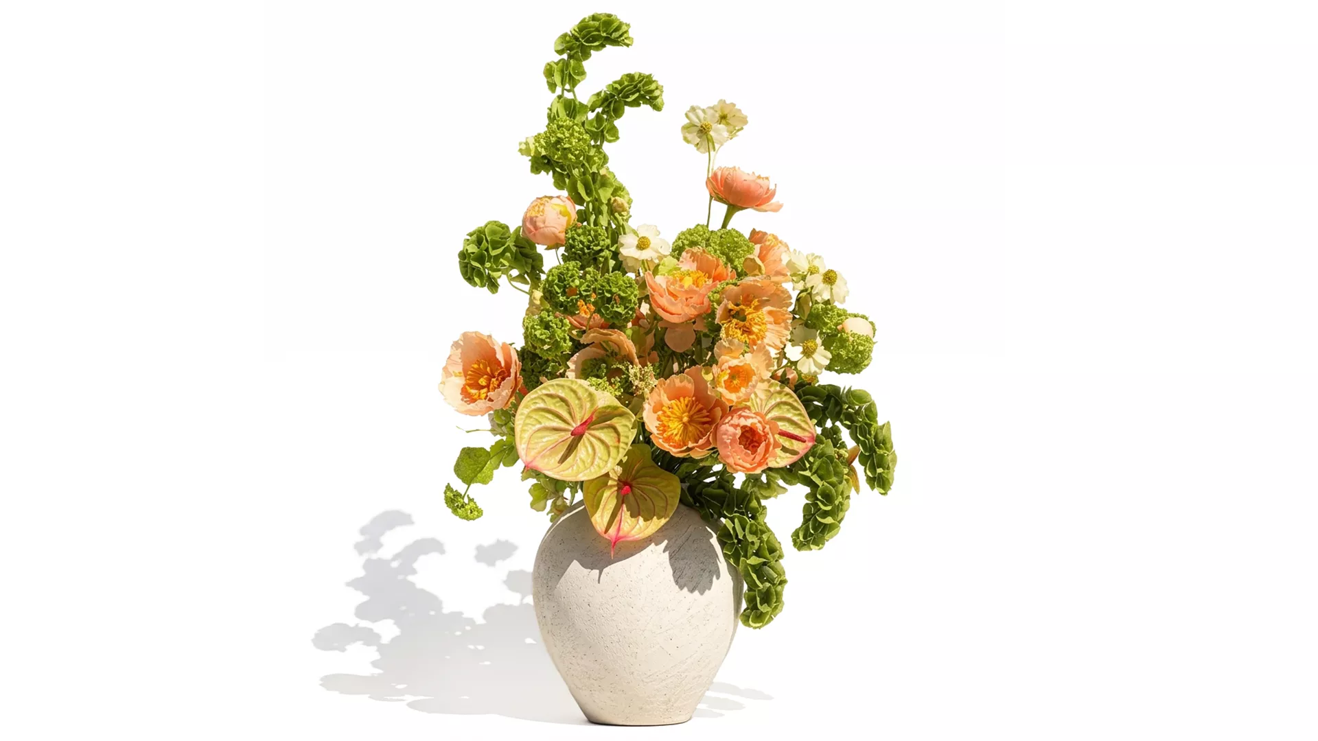 Bouquet Flowers Anthurium Peony Poppy Moluccella Hydrangea vase 3D model