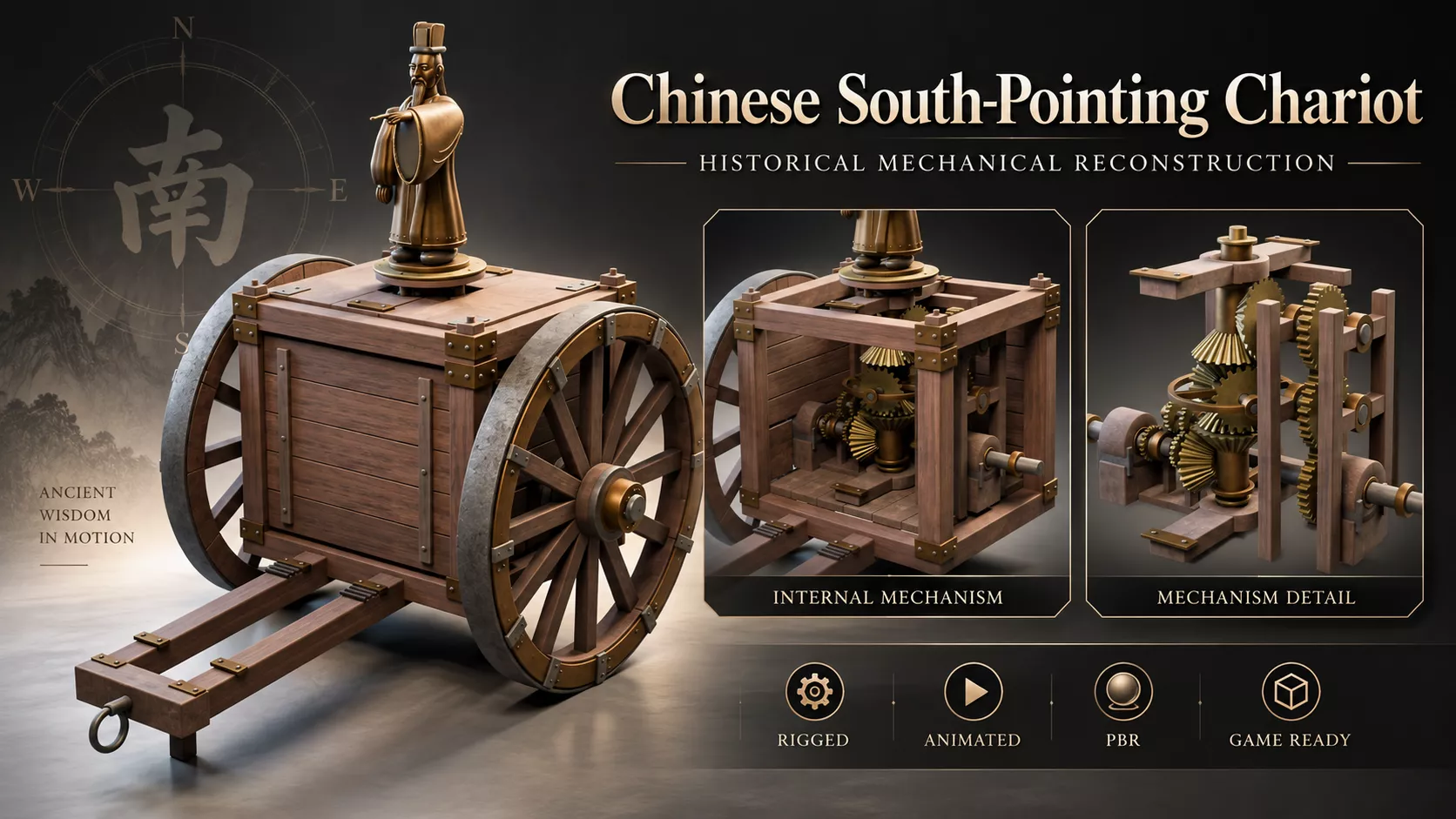 Ancient Chinese South-Pointing Chariot Mechanical Vehicle 3D model